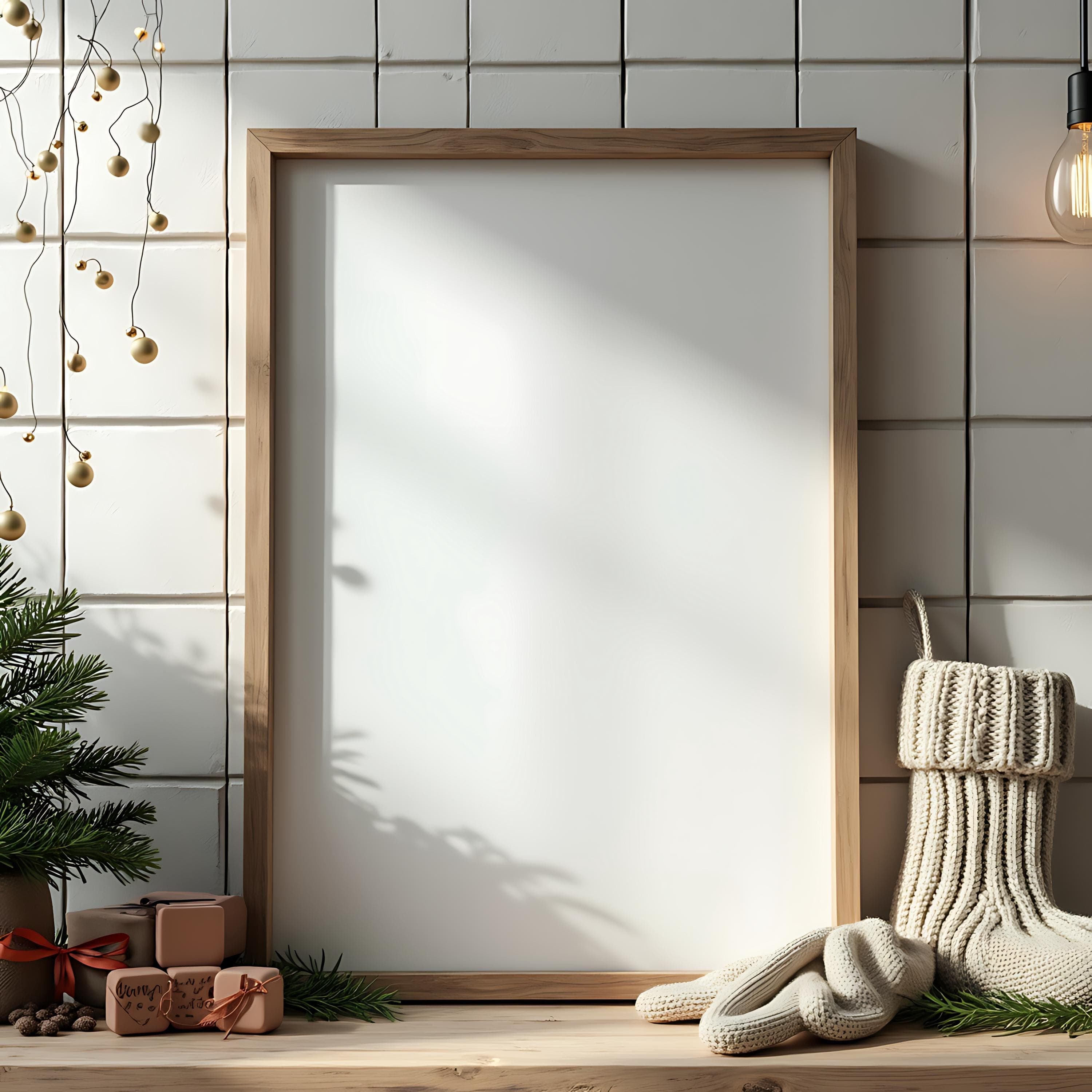 Christmas Poster Wood Frame Mockup | Christmas Frame PSD| Digital Frame Mockup | Christmas Frame Mockup | Festive Mockup | Wood Frame Mockup