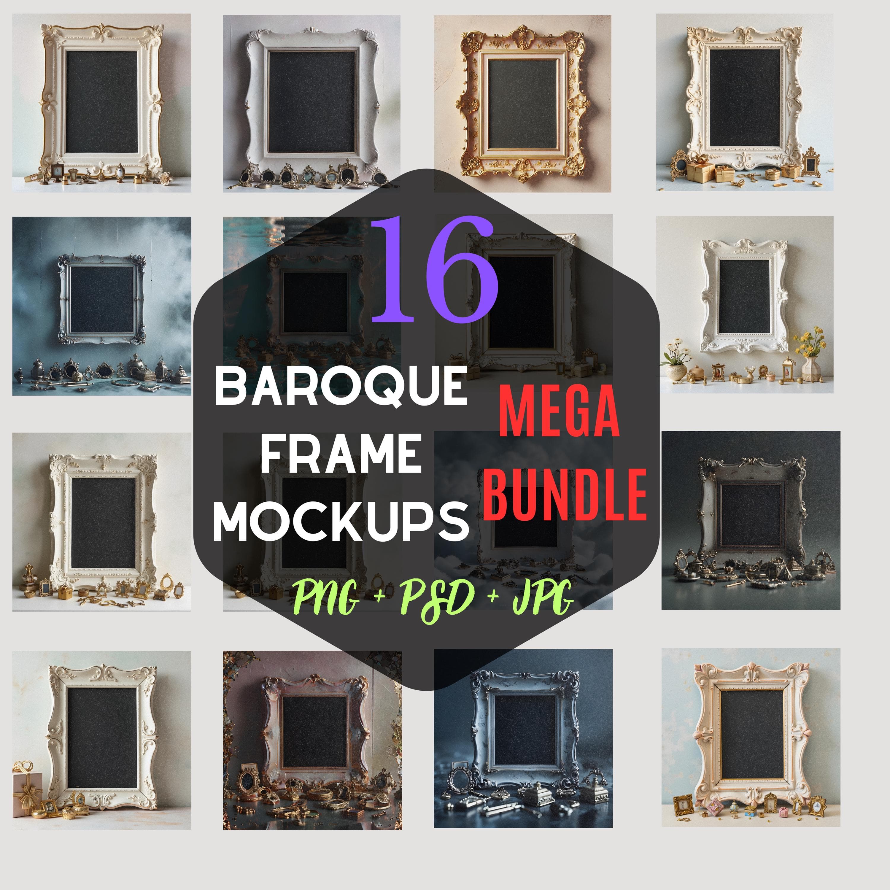 16 Frame Mockups for Baroque-Style Wall Art | Opulent Baroque Luxury Frame Mockup | Digital Wall Art | Wall Frame Mockup | Elegant Mockups