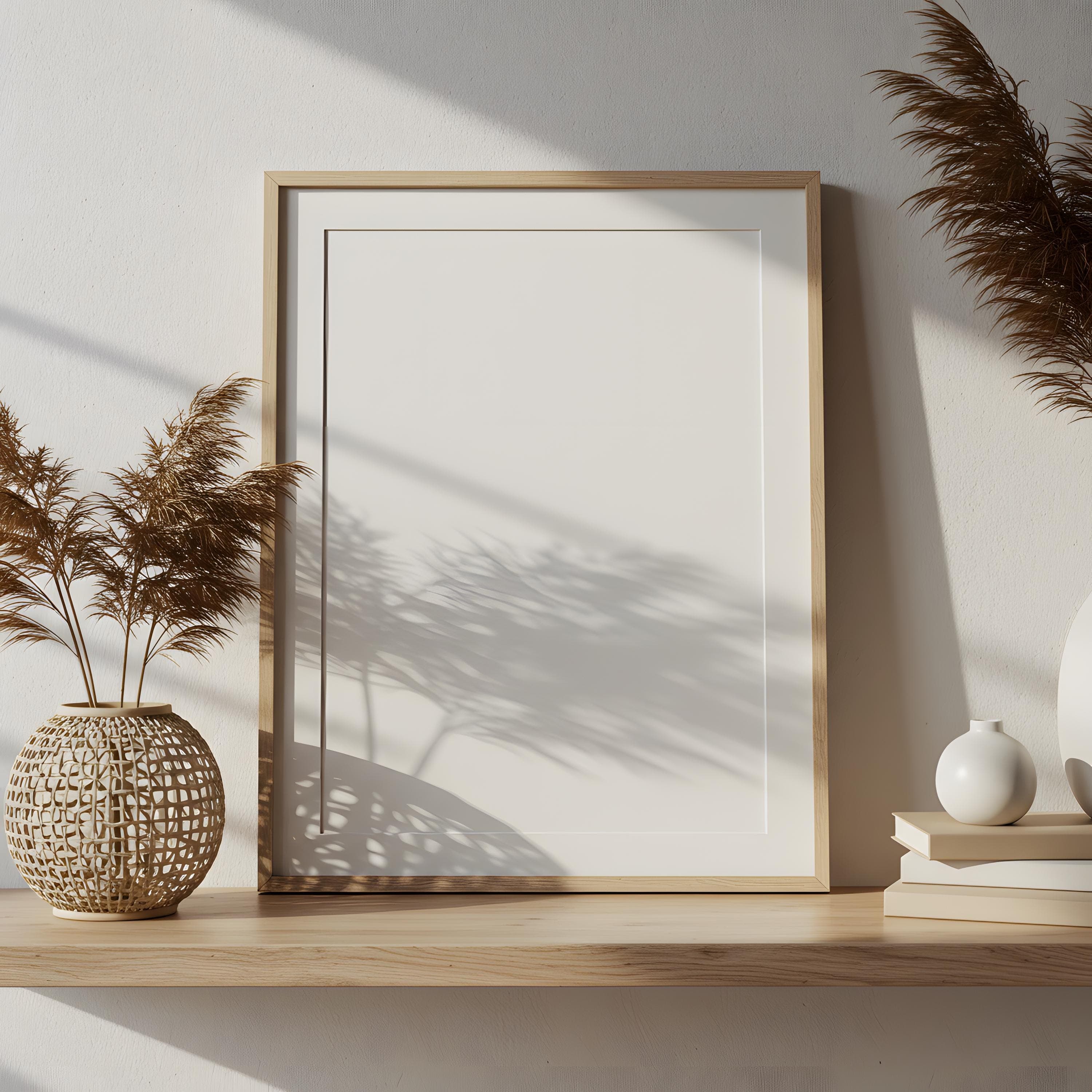 Boho Frame Mockup | 8x10 Wooden Poster Frame PSD | Vertical Wall Art Display | Minimalist Boho Frame Template