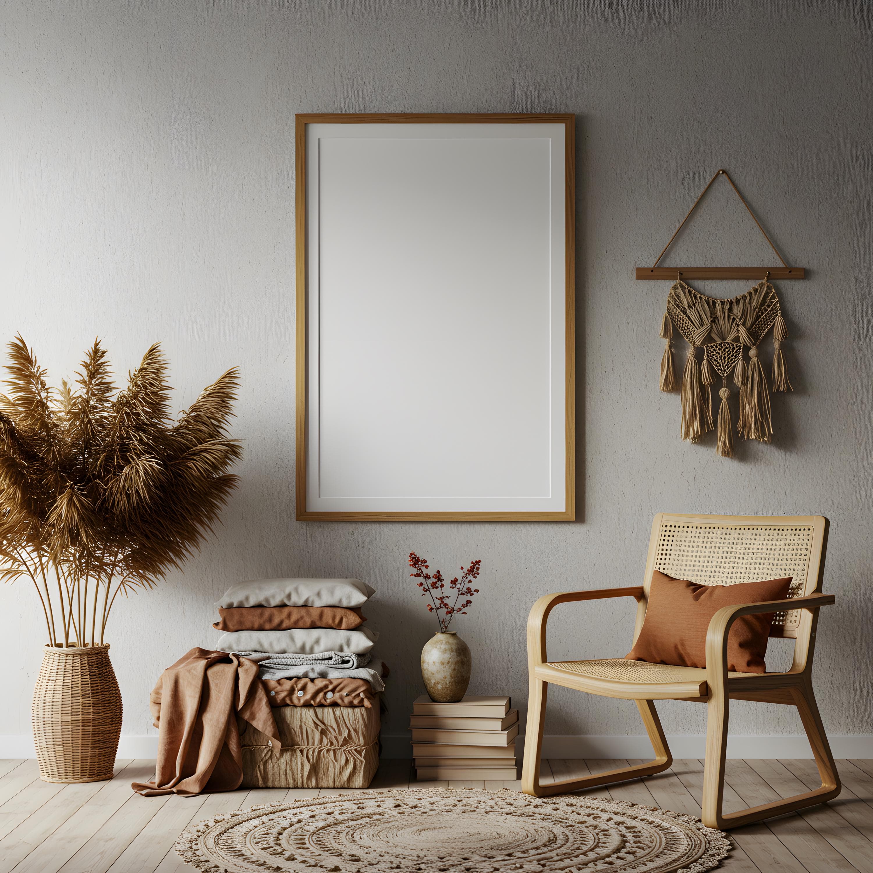 Modern Boho Chic Home Rustic Oak Frame Mockup | Vertical Wall Art Display | Minimalist Digital Poster Frame Mockup | Boho Chic Frame Mockup