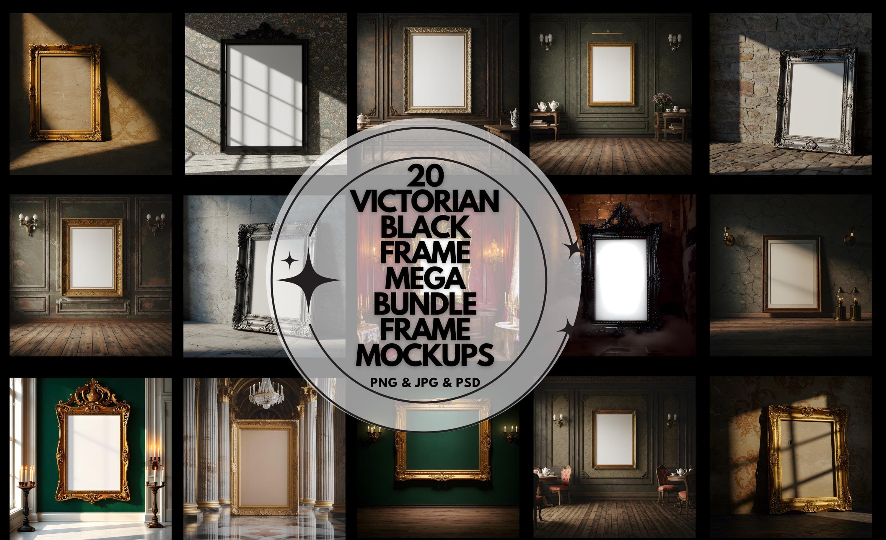 20 pieces of Victorian Black Frame Mockups | Digital Print Mockup | Wall Art Mockup | Poster Mockup | Frame Mockup | Templates for Wall Art