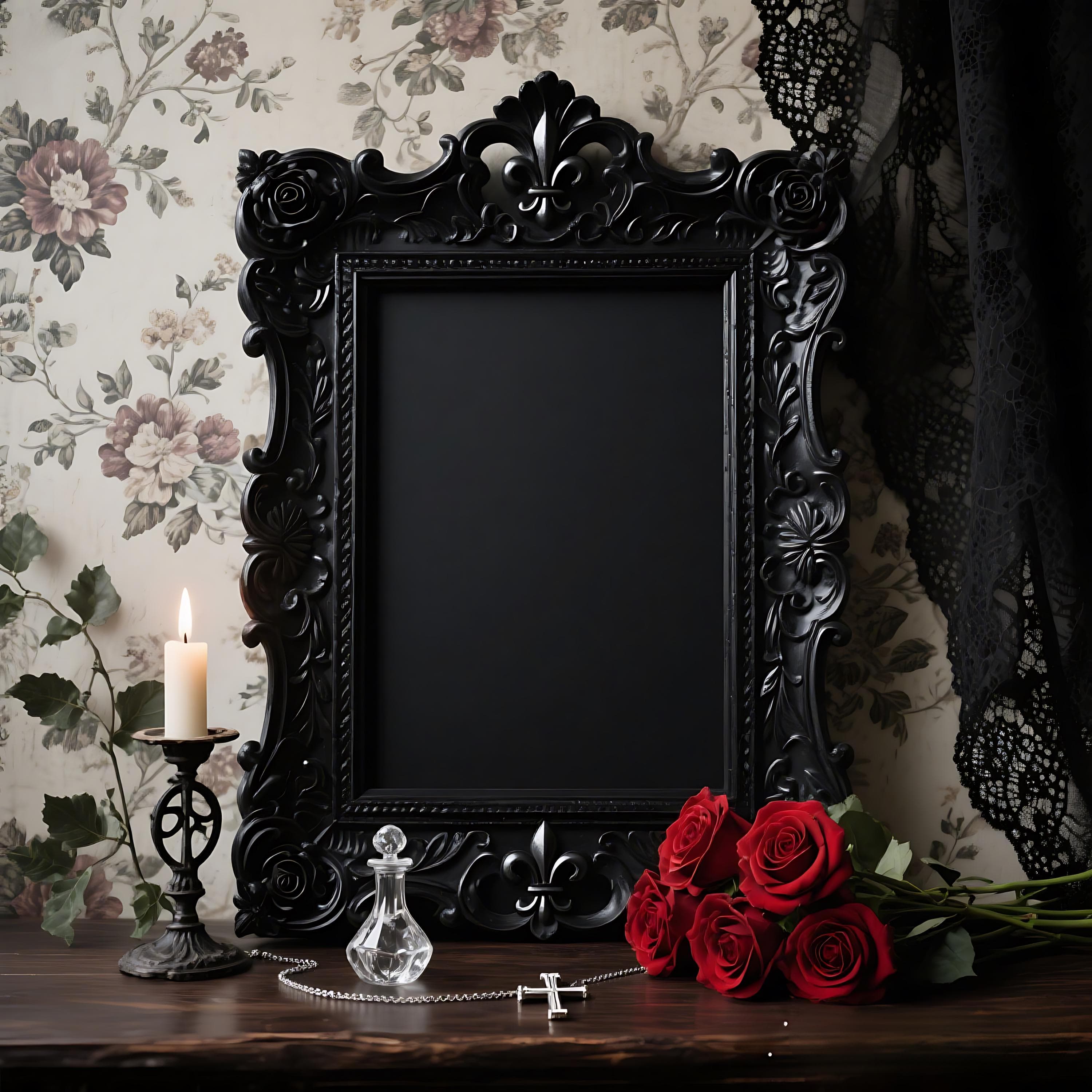 Romantic and Eerie Black Frame Mockup | Gothic Vintage Frame PSD | Dark Art Display | Haunted Wall Art Mockup | Printable Frame, Digital PSD