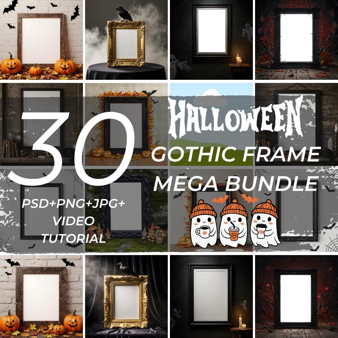 30 pieces of Halloween Gothic Frame Mockups Bundle | Black Ornate Frame PSD | Spooky Wall Art Poster Mockup Pack | Haunted Dark Frame Mockup