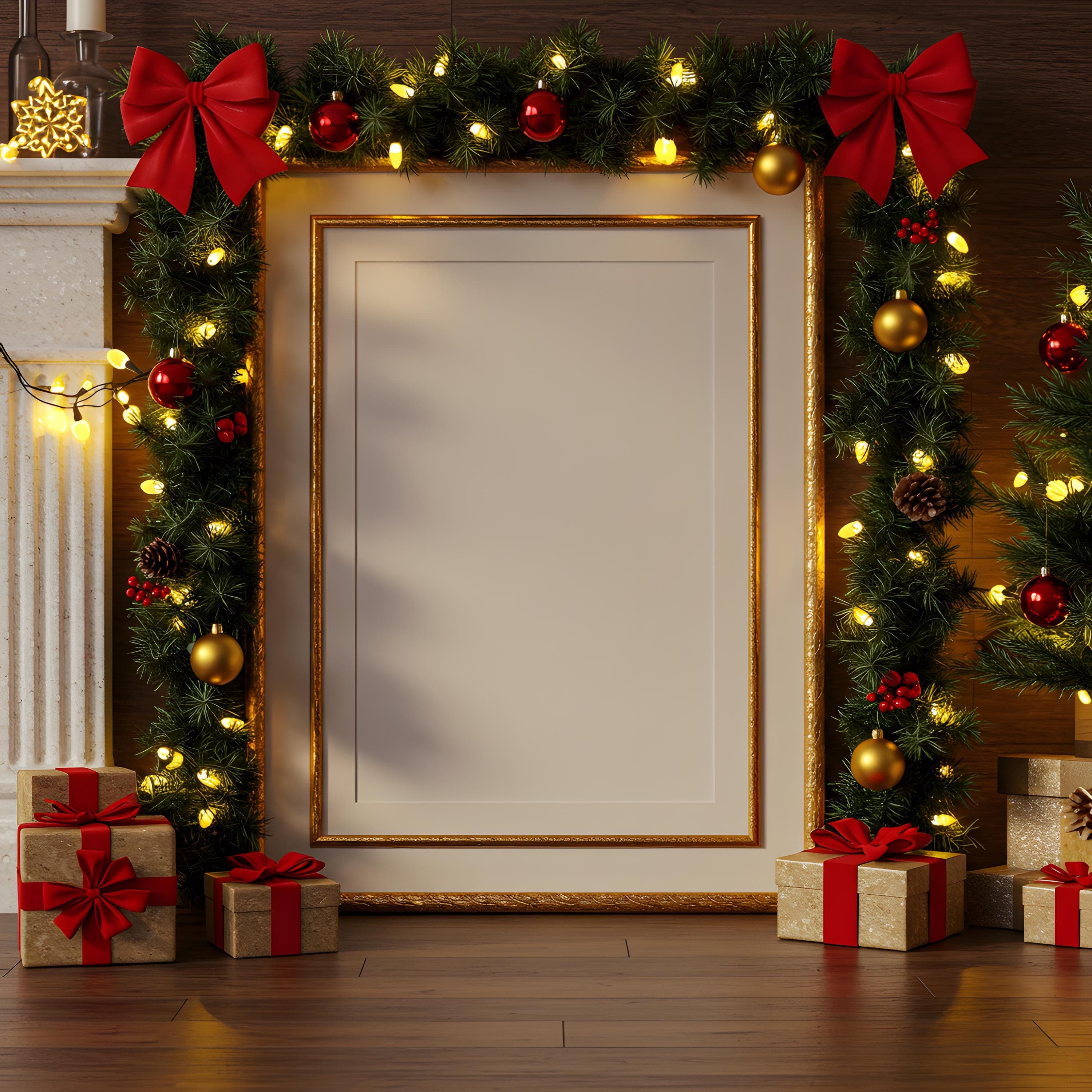 Christmas Frame Mockup 4K | Holiday Wall Art Mockup | Festive Poster Mockup | Xmas Photo Frame PSD | Winter Artwork Frame Mockup | Mockup |