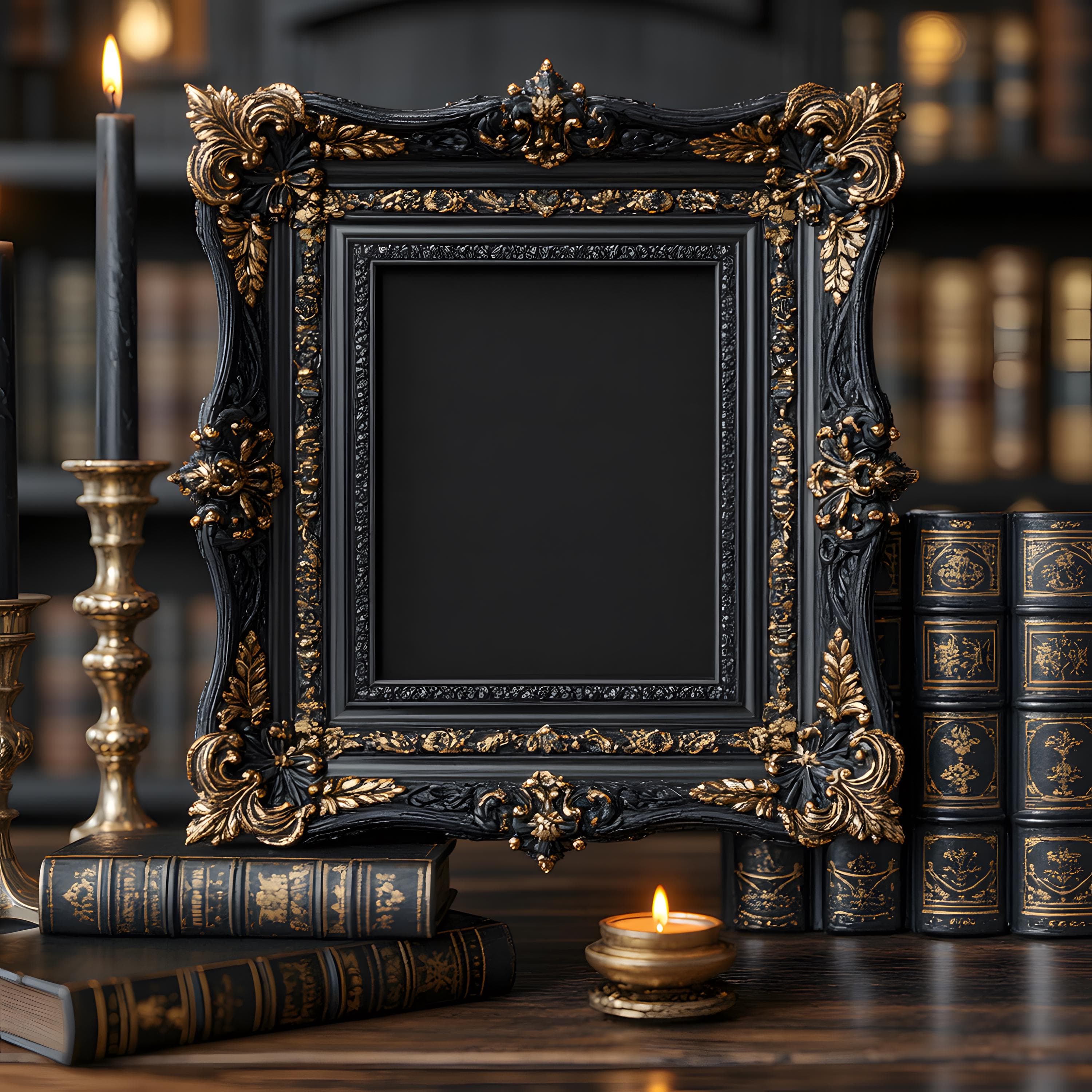 Ornate Black Baroque Frame Mockup | Dark Gothic Frame PSD | Vintage Wall Art Mockup | Poster & Art Print Mockup