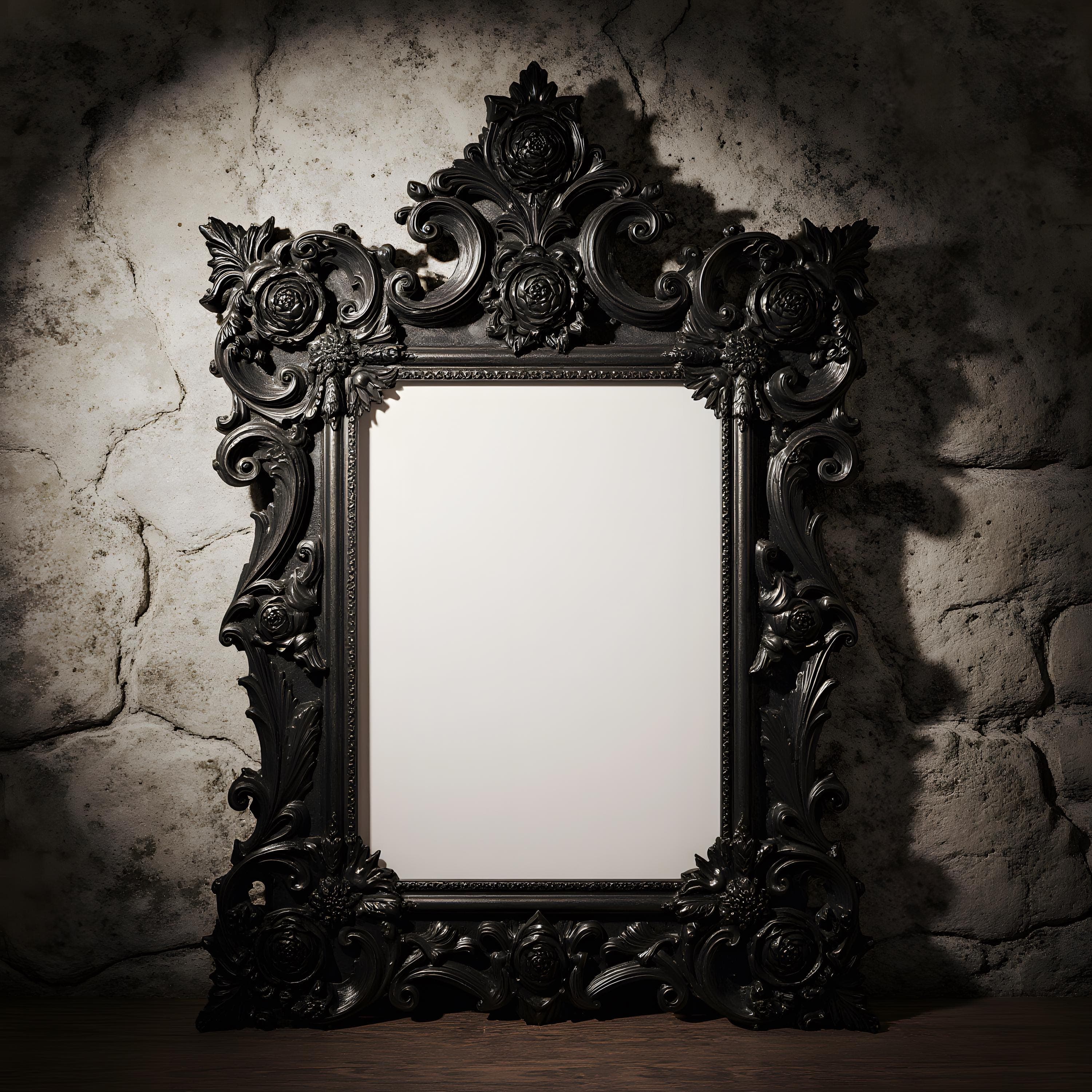 Black Gothic Ornate Victorian Frame Mockup | Dark Baroque Wall Art Mockup | Luxury Antique Frame Template | Vintage Ornate Frame PSD PNG JPG