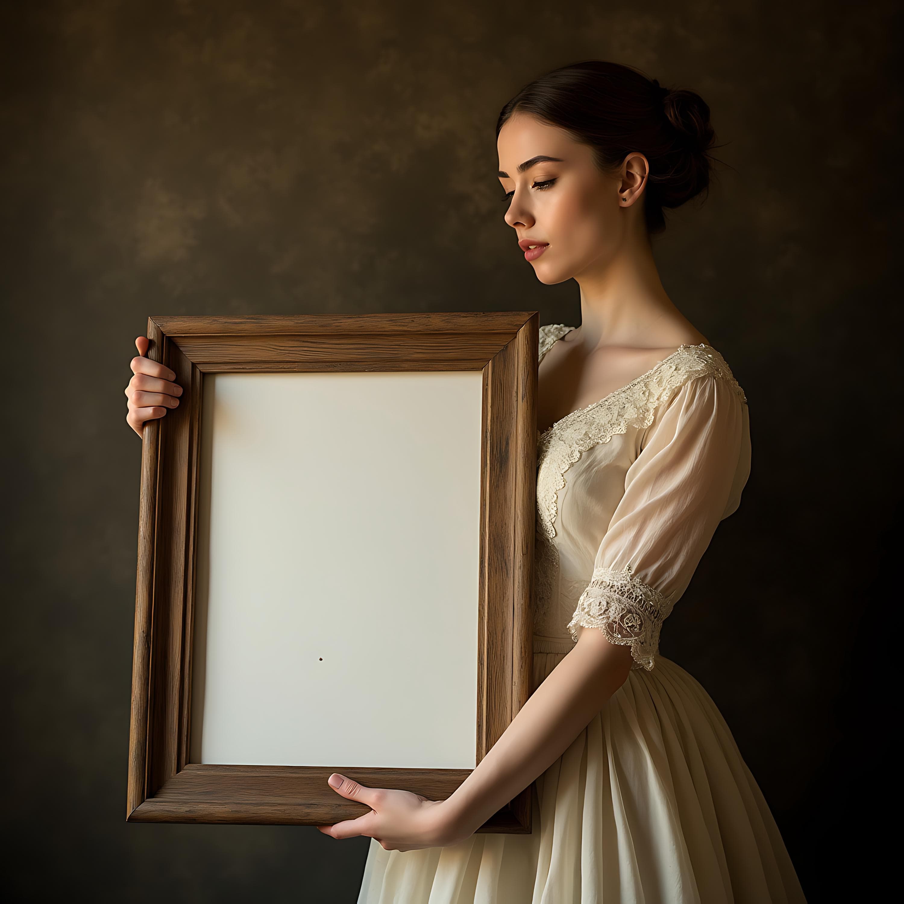 Woman Holding Vintage Frame Mockup | Mockup Frame Person | Artwork Frame Mockup | Artwork Mockup PSD | Vintage Frame Mockup | Poster Mockup