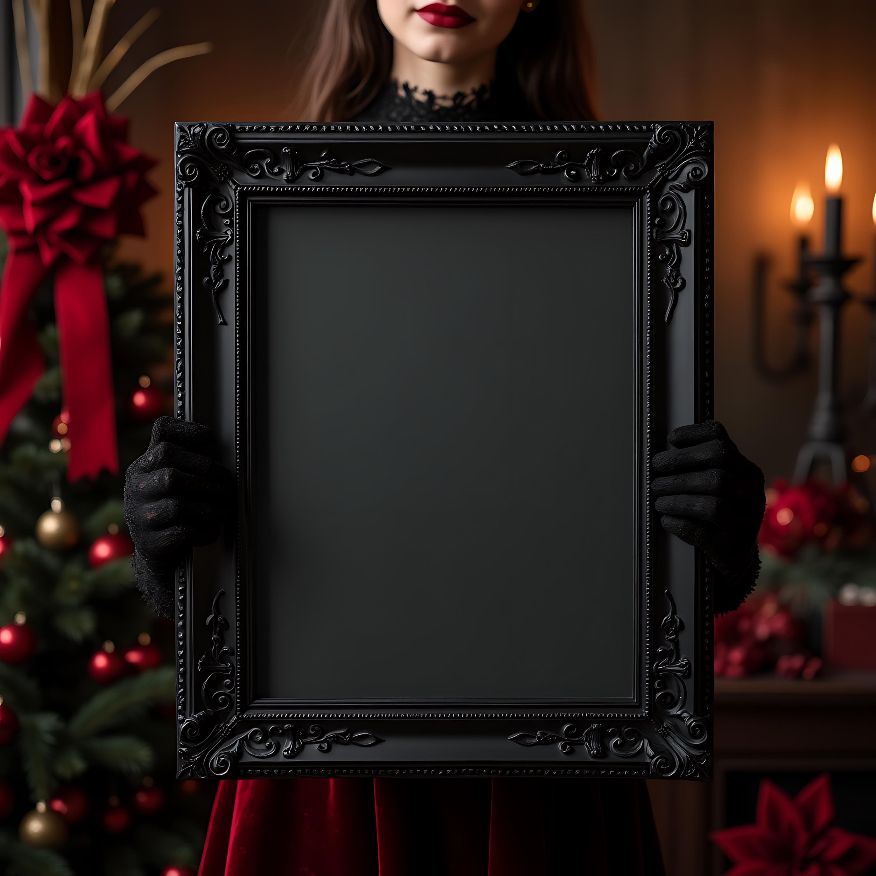 Christmas Gothic Frame Mockup with a Woman | Christmas Mockup | PSD Mockup | Photoshop Mockup | Artwork Mockup | Gothic Frame Poster Mockup