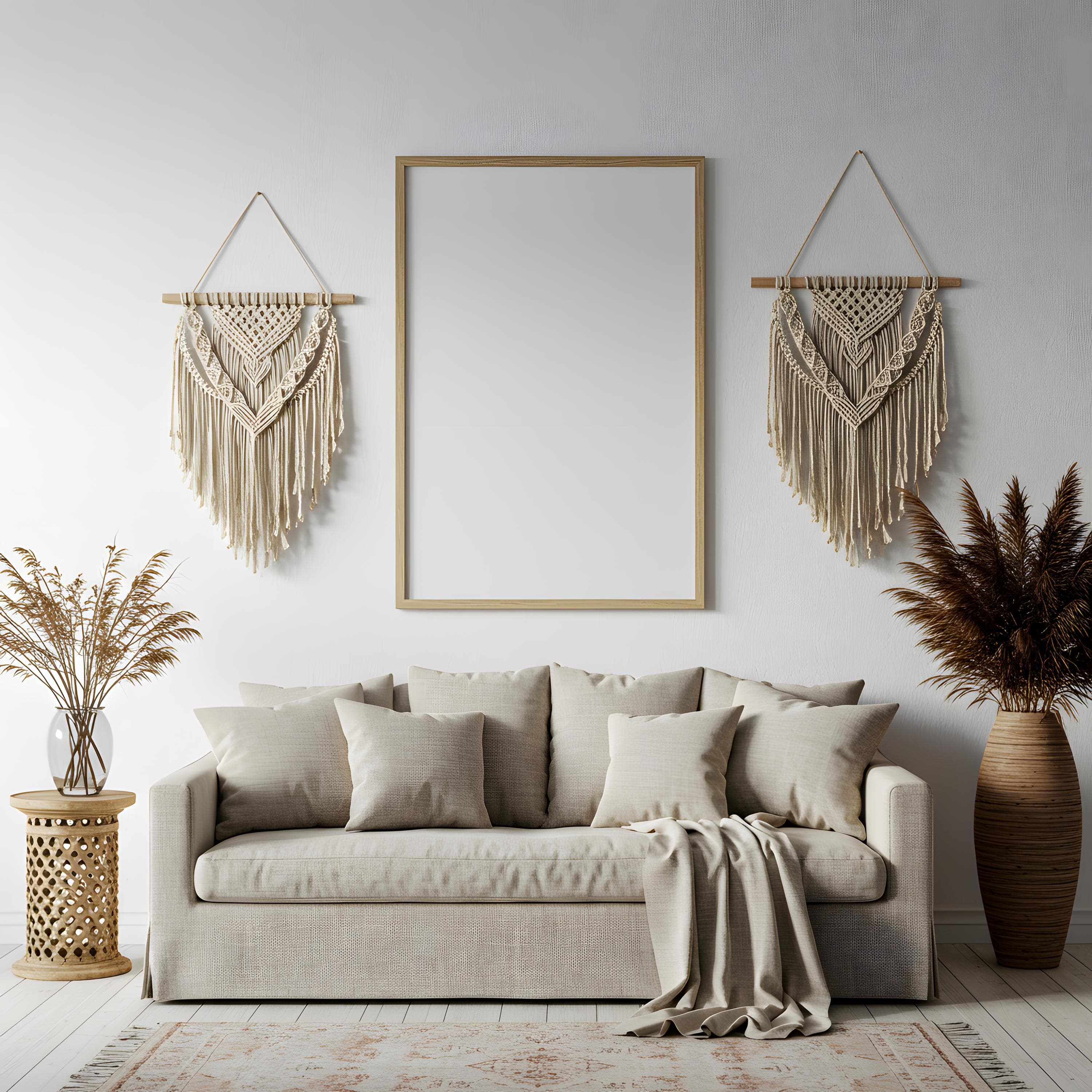 Bohemian Interior Large Wooden Frame Mockup | Boho Wall Art Display | Rustic Vertical Poster Frame | Minimalist Frame Mockup | Poster Mockup