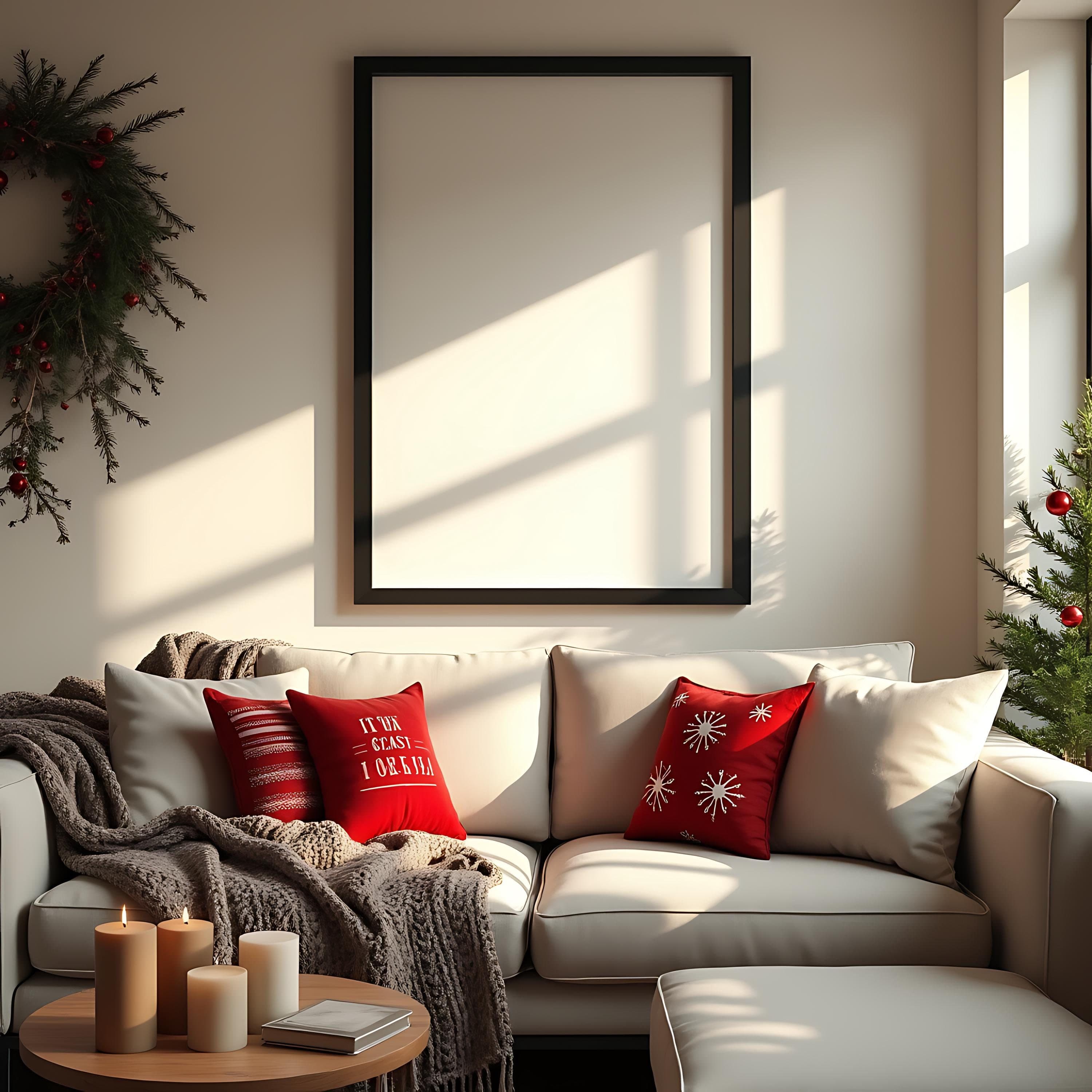 Festive Living Room Christmas Poster Frame Mockup | Living Room Mockup | Poster Frame | Room Mockups | Festive Decor | Christmas Art Mockup