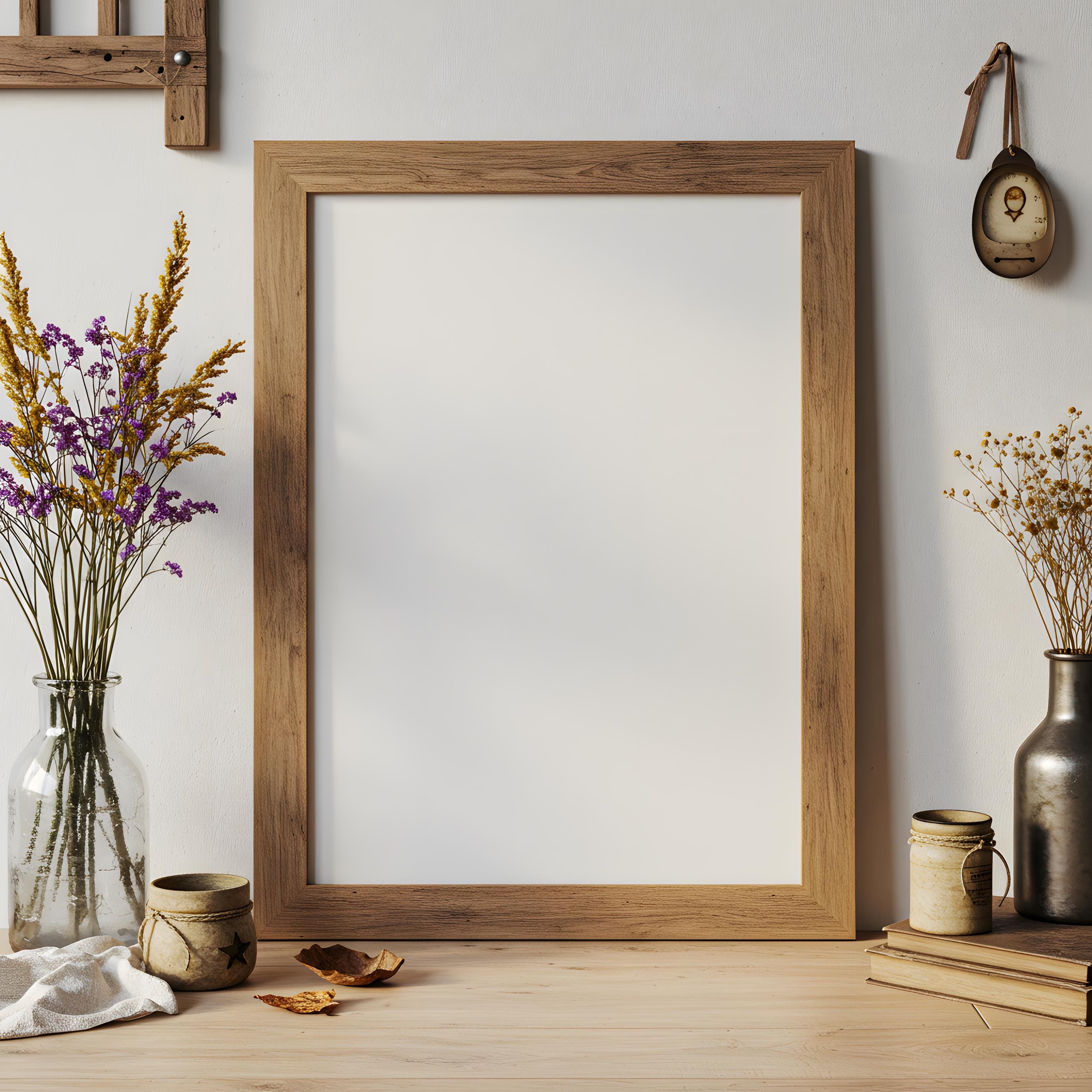 Wooden Frame Mockup | Boho & Minimalist Interior PSD | Poster Frame Display | Modern Wall Art Mockup