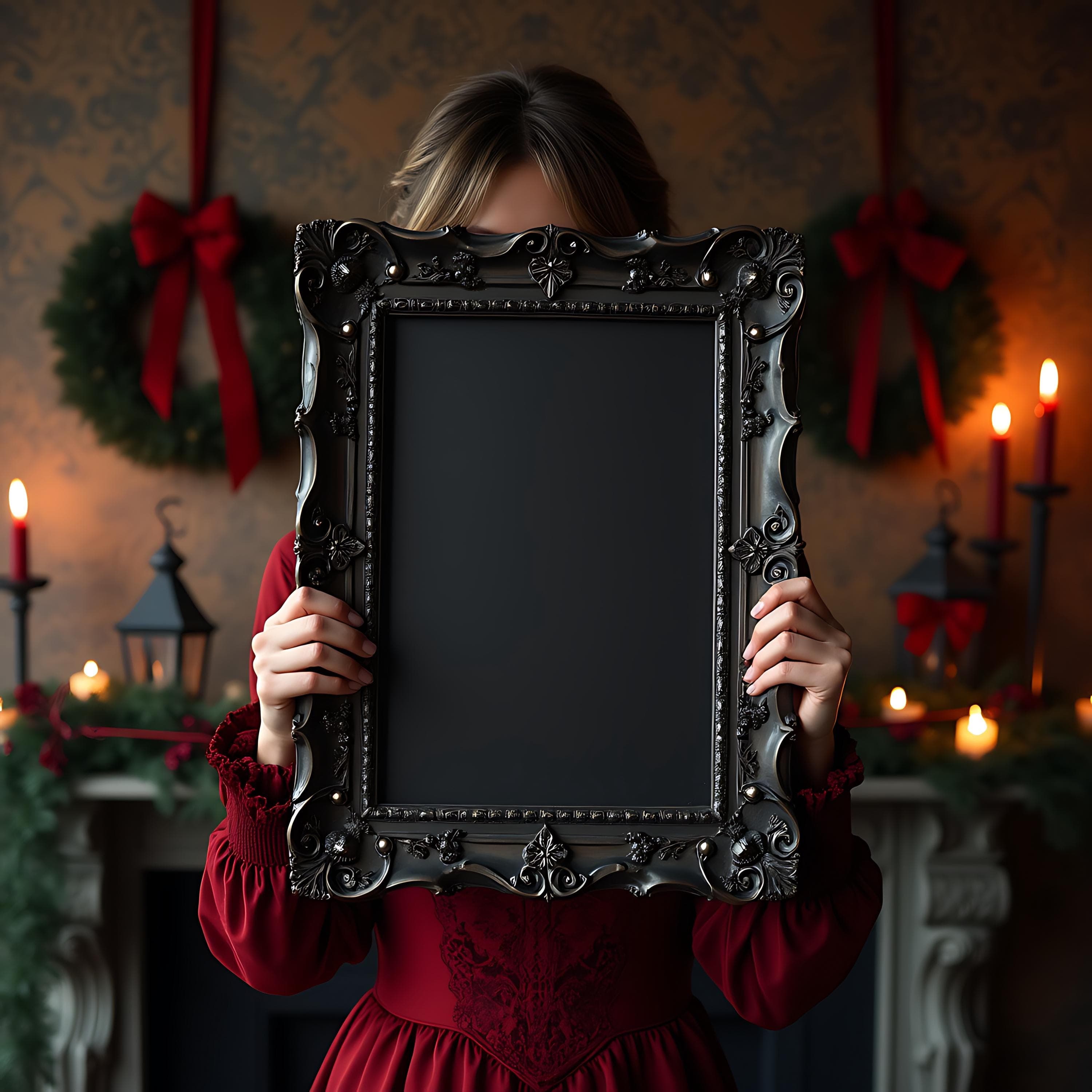 Christmas Gothic Frame Mockup with a Woman | Christmas Mockup | PSD Mockup | Photoshop Mockup | Artwork Mockup | Gothic Frame Poster Mockup