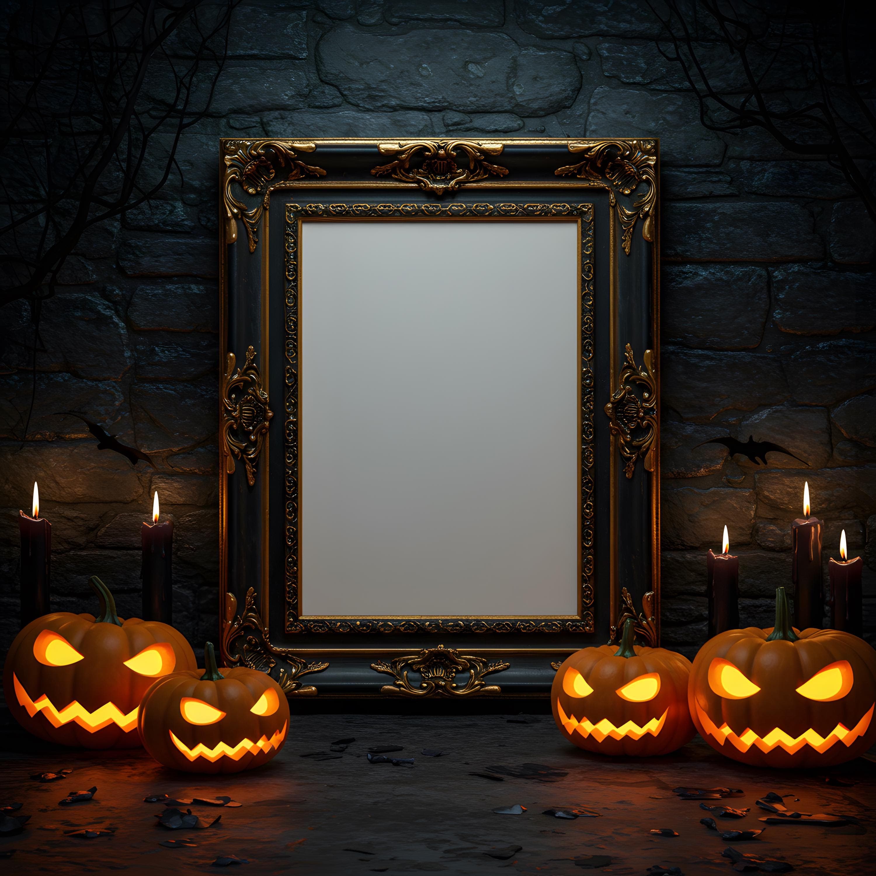 Halloween Ornate Gothic Picture Frame Mockup | Dark Haunted Wall Art Display | Vintage Baroque Frame PSD JPG | Spooky Digital Artwork Mockup