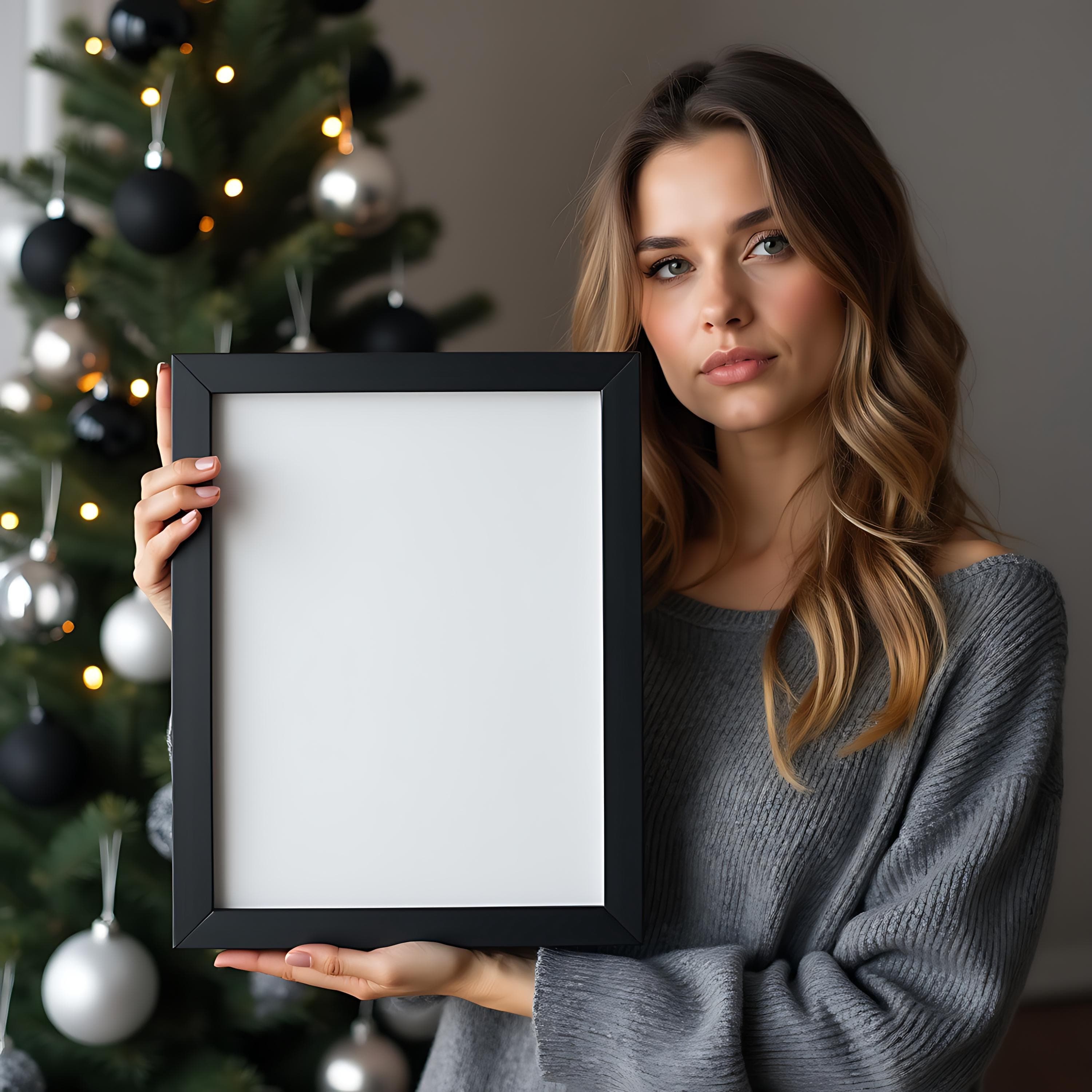 Christmas Black Frame Mockup with a Woman | Woman Frame Mockup | Woman Holding Frame | Frame Photoshop Wall Frame Mockup Black Frame Mockup