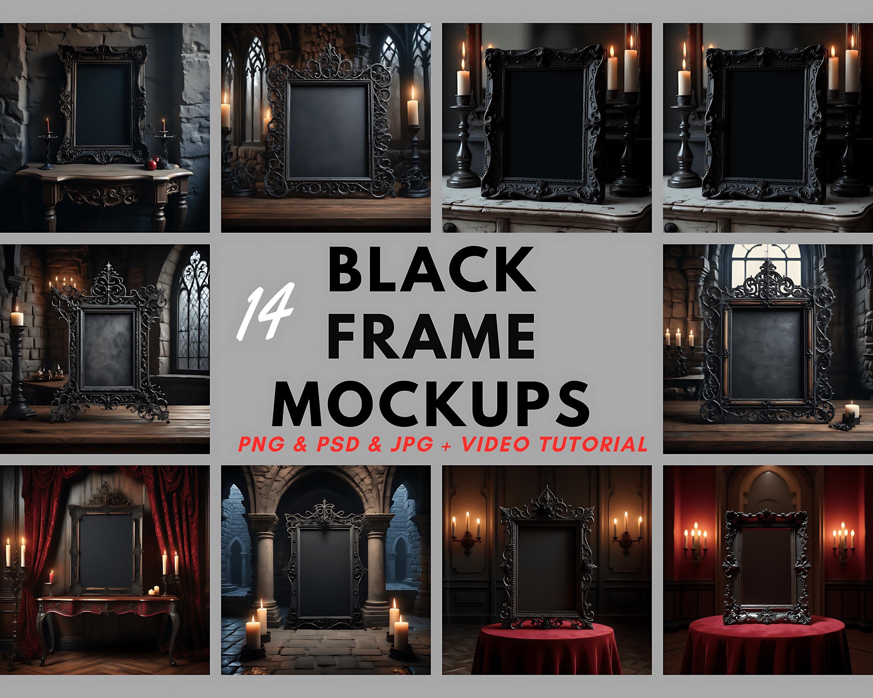 14 pieces of Vertical Frame Mockup | Black Frame Mockup | Interior Mockup | Gothic Frame | Dark Frame | Goth Art | Wall Decor | Mockup Frame