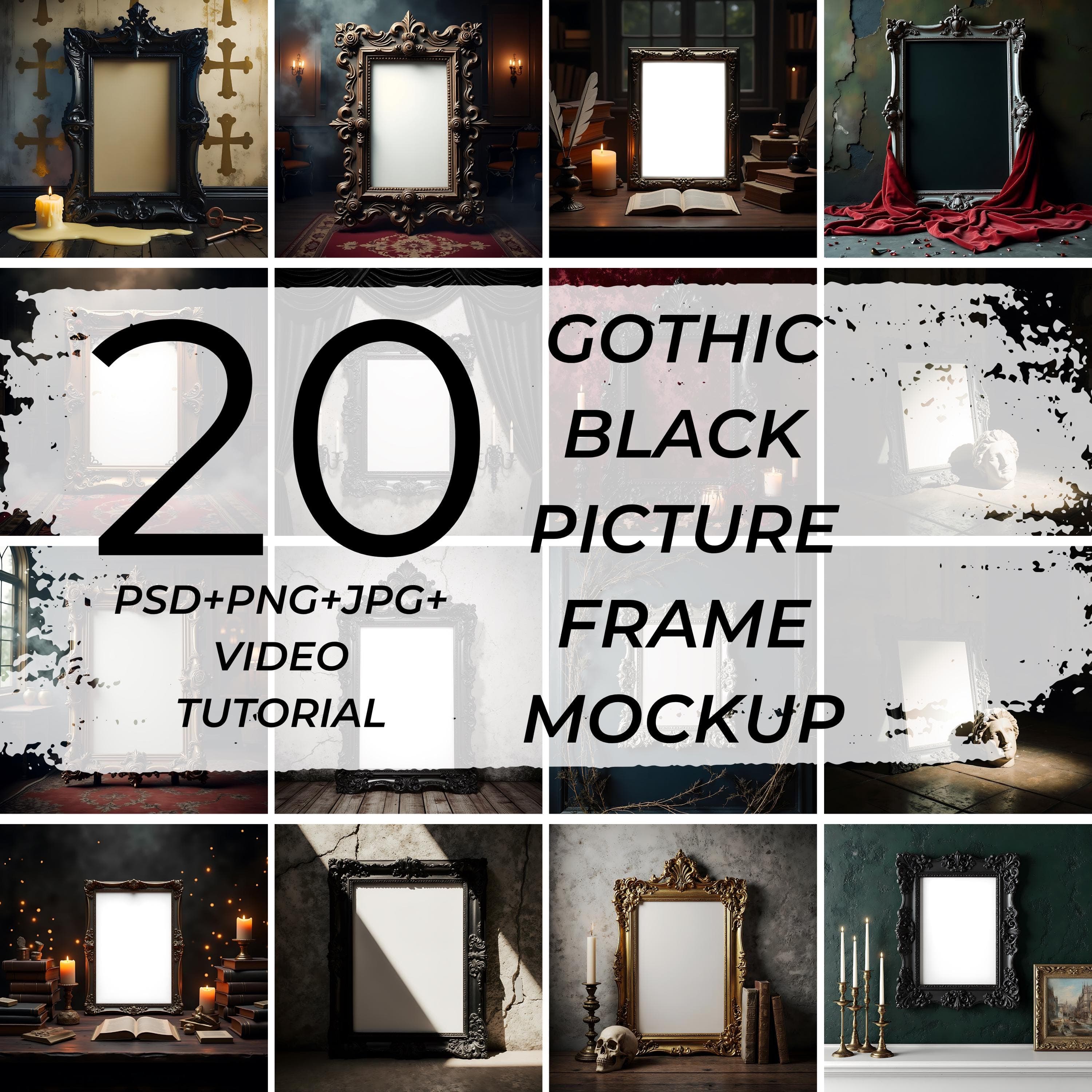 20 pieces of Gothic Black Picture Frame Mockup | Mockup Bundle | Wall Art Mockup Canva | Poster Mockup | Wall Art Frame | Frame Mockup |