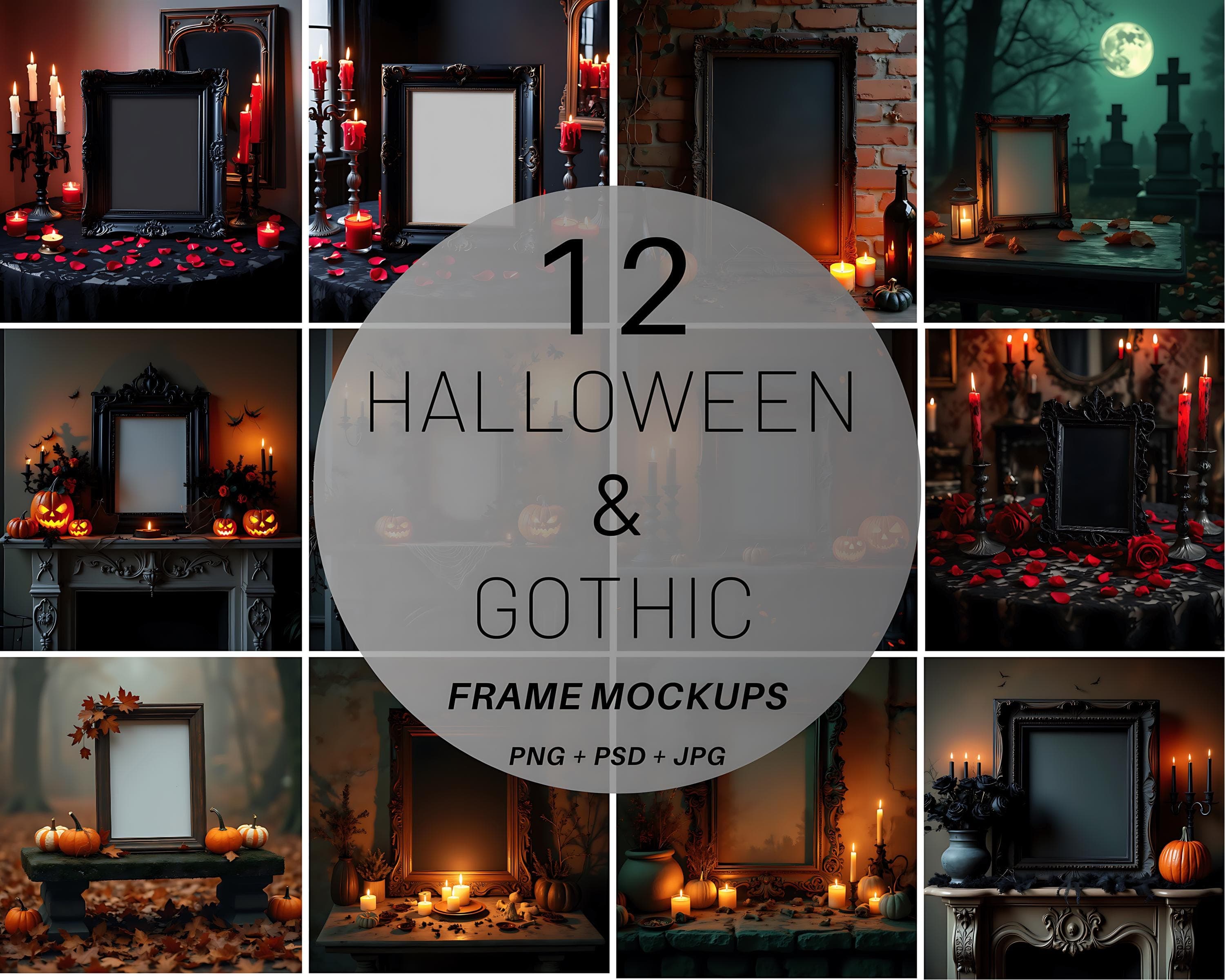 12 pieces of Spooky Picture Frame | Black Frame Mockup | Halloween Frame Mockup | Halloween Picture Frame | Skull Frame | Gothic Mockup |
