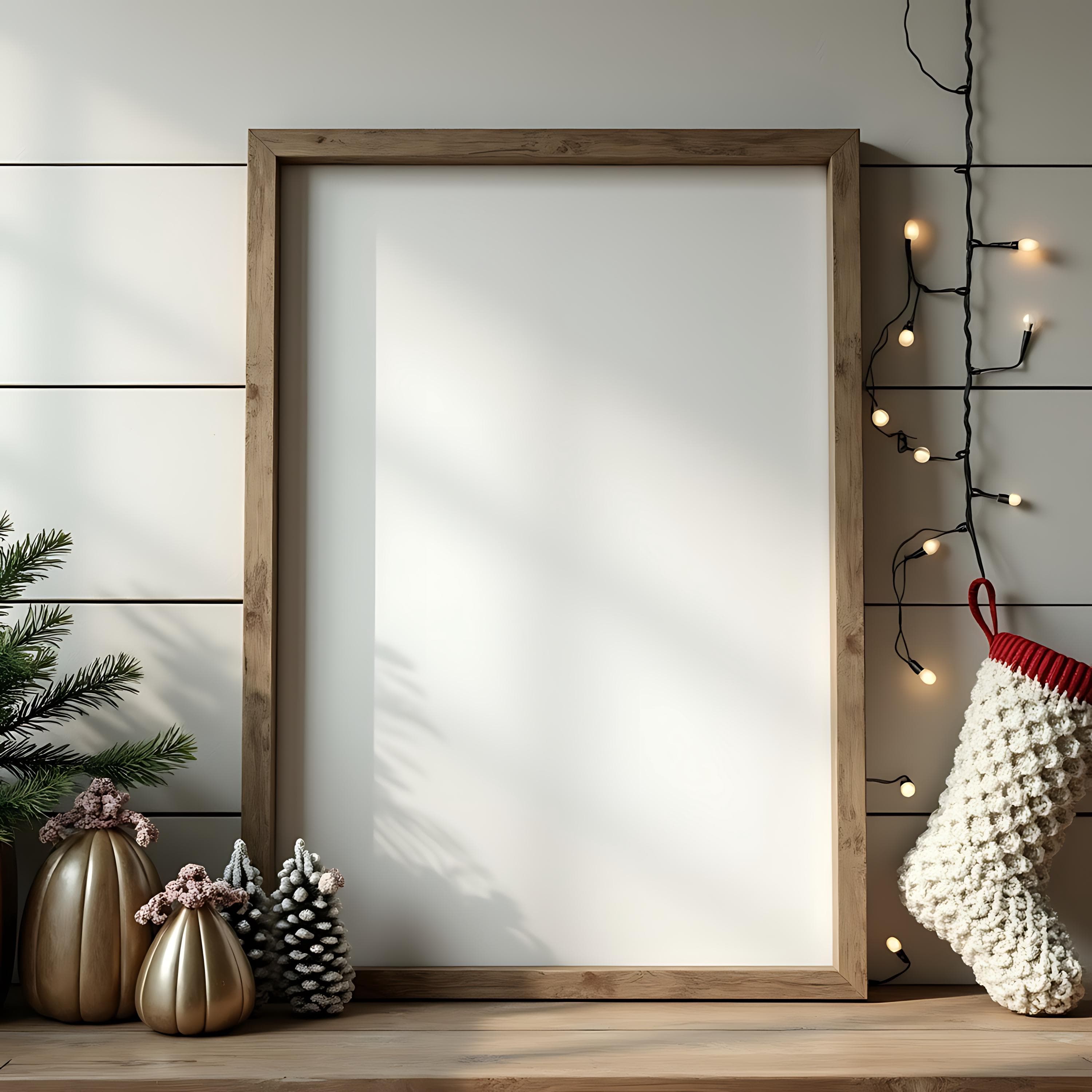 Christmas Poster Wood Frame Mockup | Christmas Frame PSD| Digital Frame Mockup | Christmas Frame Mockup | Festive Mockup | Wood Frame Mockup