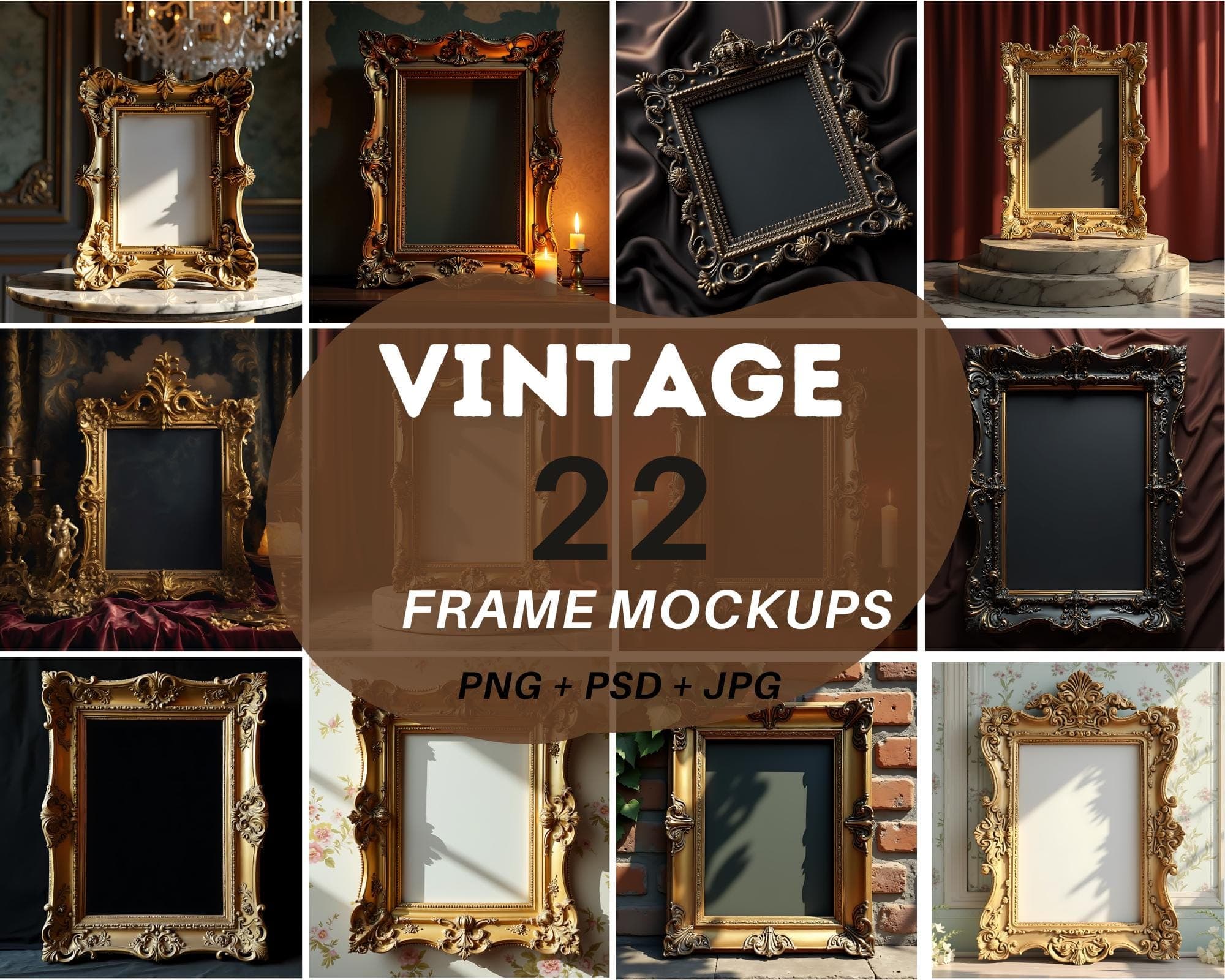 22 pieces of Vintage Frame Mockup | Baroque Frame Mockup | Poster Mockup | Antique Frame |  Frame Template | Ornate Frame | Poster Mockup |