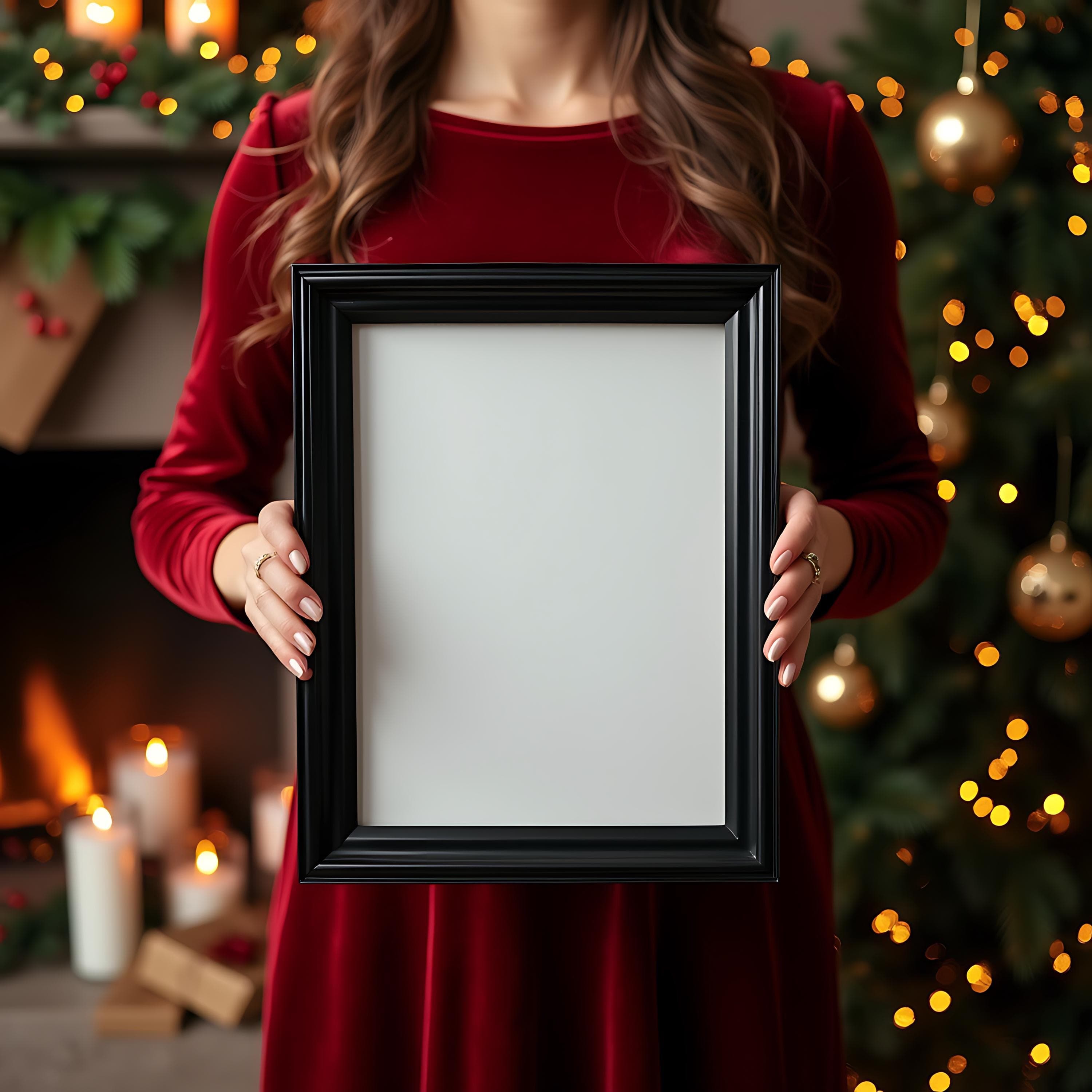 Christmas Black Frame Mockup with a Woman | Woman Frame Mockup | Woman Holding Frame | Frame Photoshop Wall Frame Mockup Black Frame Mockup