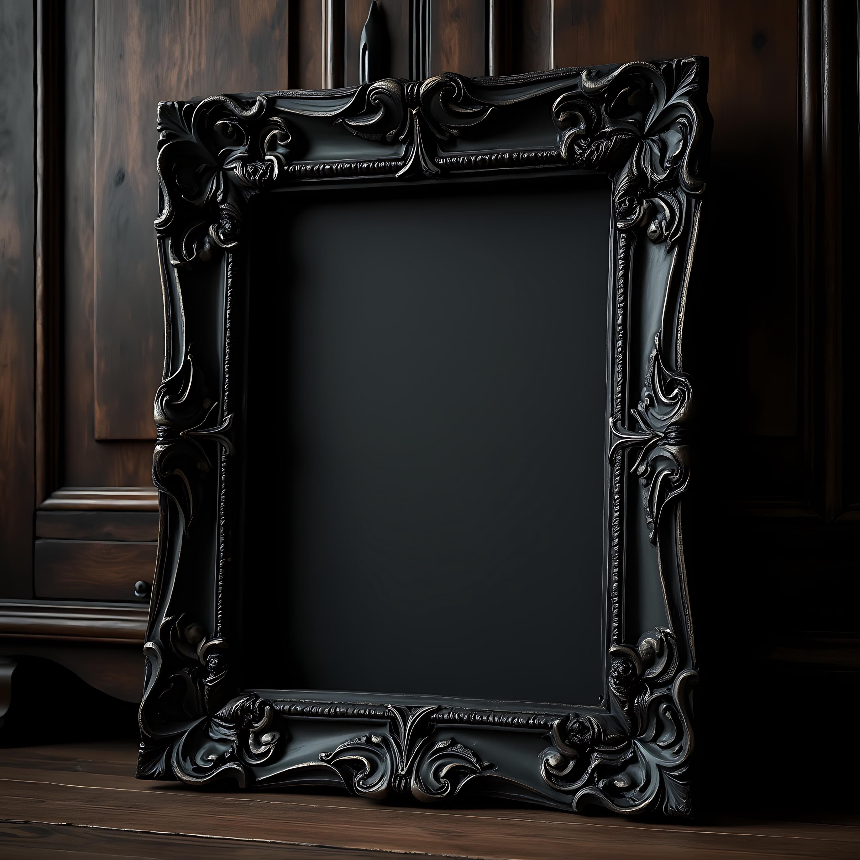 Black Gothic Frame Mockup | Carved Floral Frame PSD | Poster & Picture Frame | Dark Wall Art Display