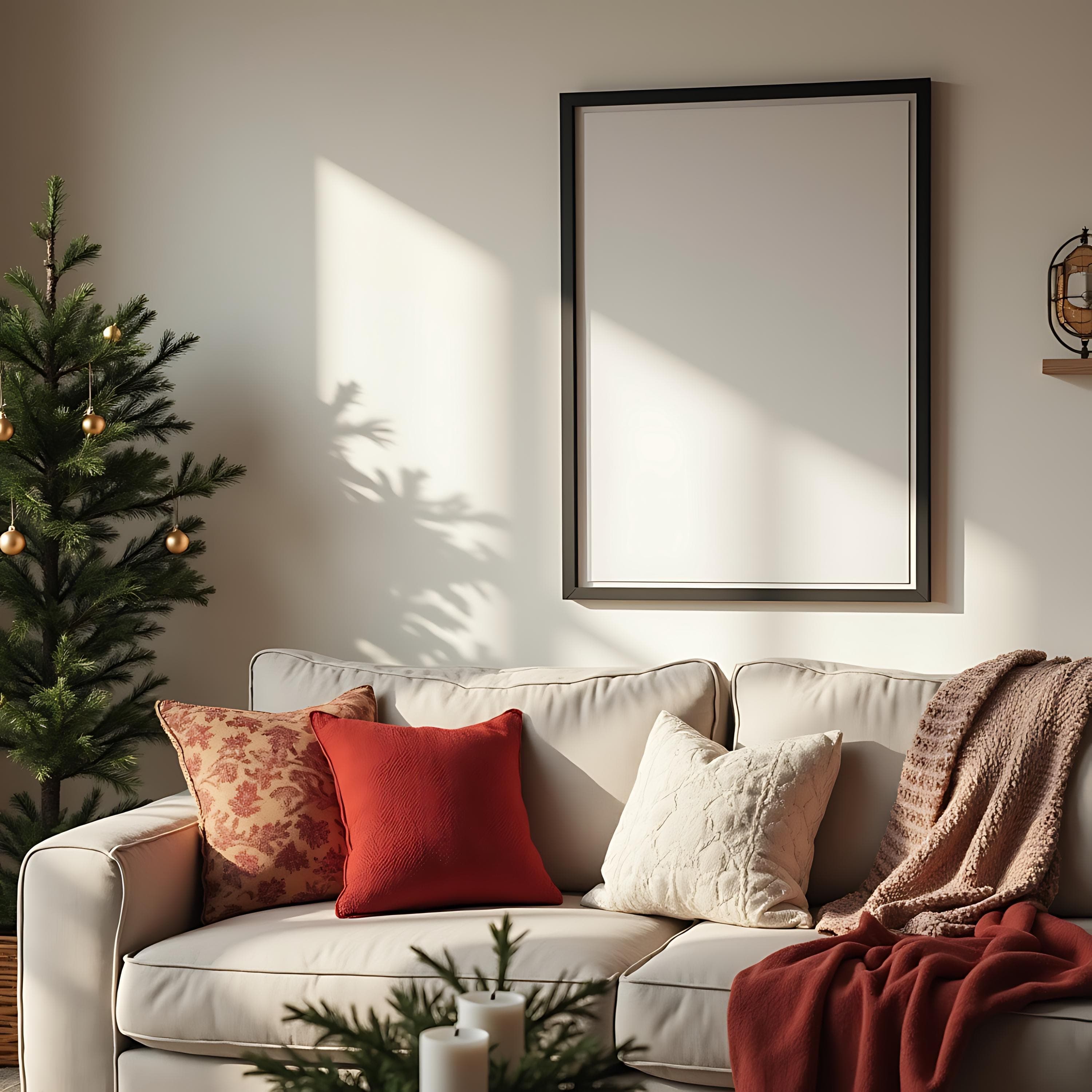 Festive Living Room Christmas Poster Frame Mockup | Living Room Mockup | Poster Frame | Room Mockups | Festive Decor | Christmas Art Mockup