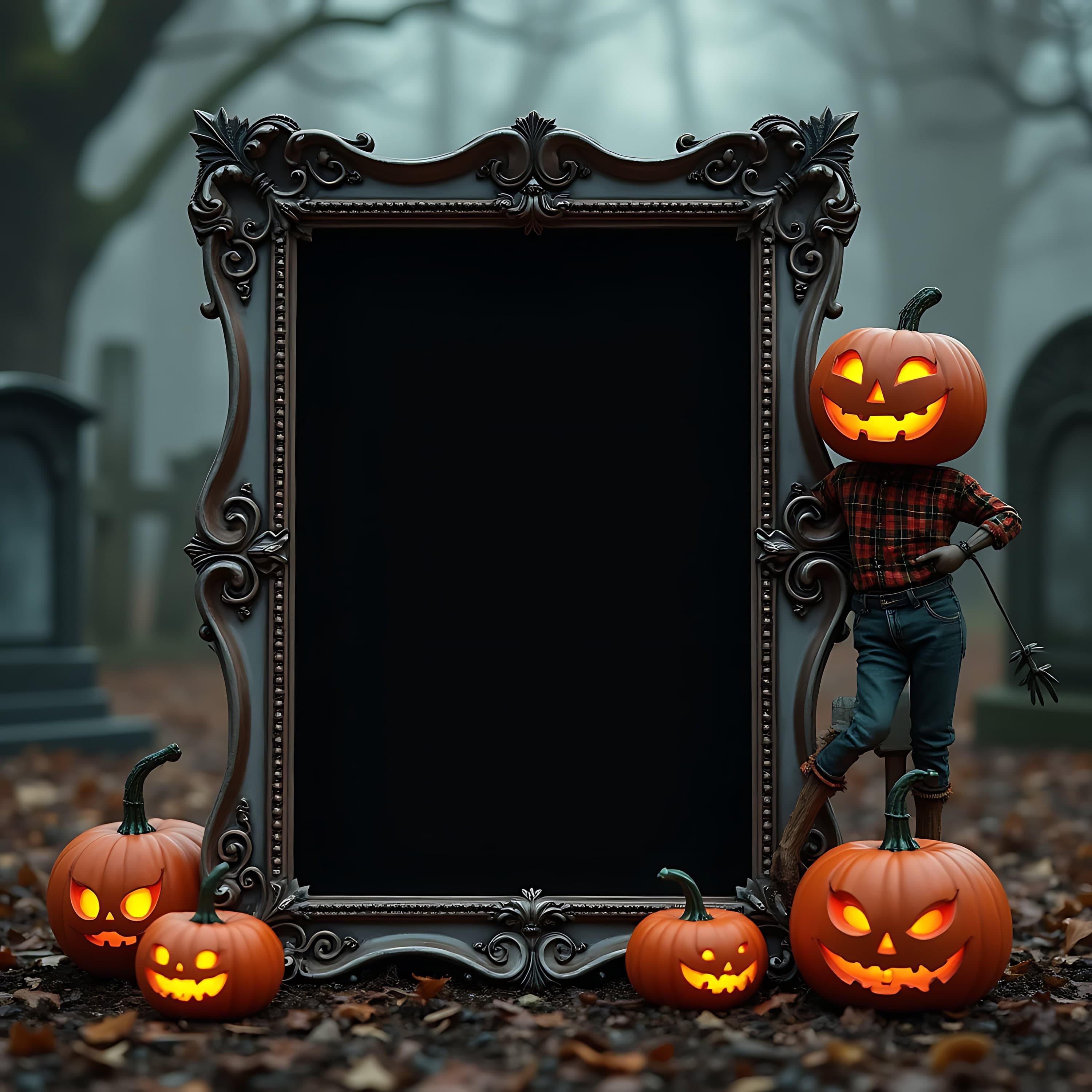 Pumpkin Scarecrow's Haunting Frame Mockup in a Graveyard Mist | Halloween Frame | Gothic Frame | Halloween Mockup | Black Frame Mockup |