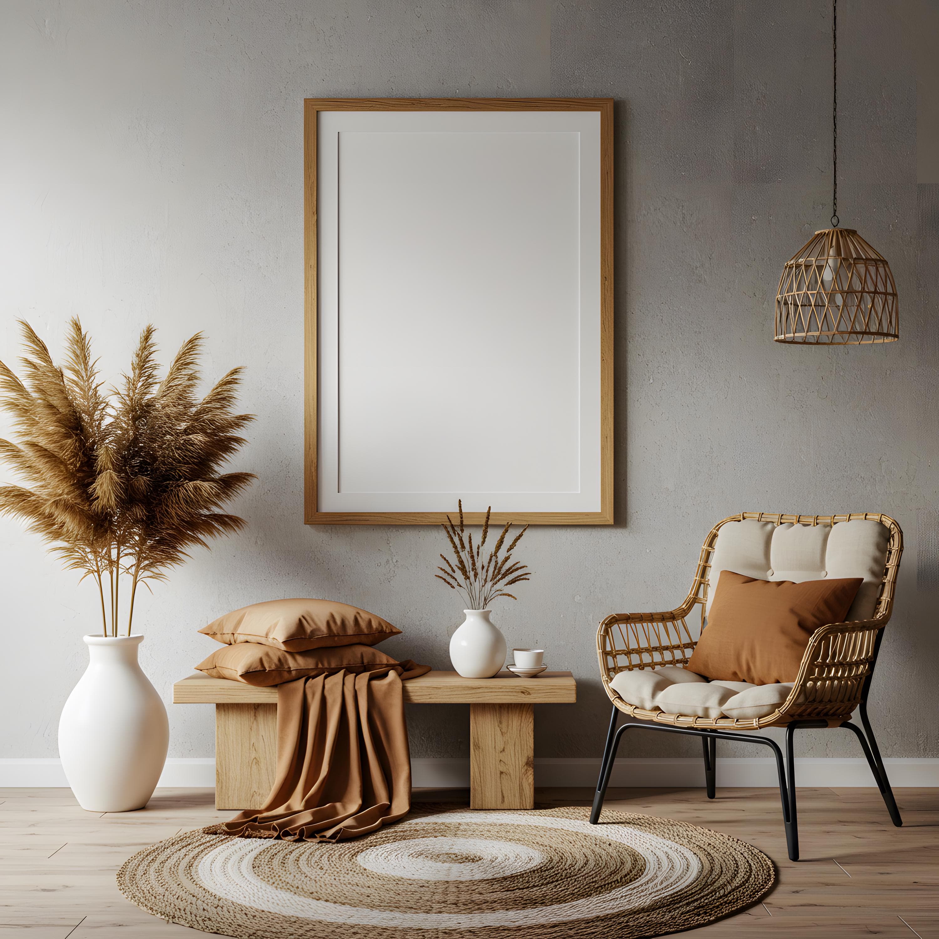 Modern Boho Chic Home Rustic Oak Frame Mockup | Vertical Wall Art Display | Minimalist Digital Poster Frame Mockup | Boho Chic Frame Mockup