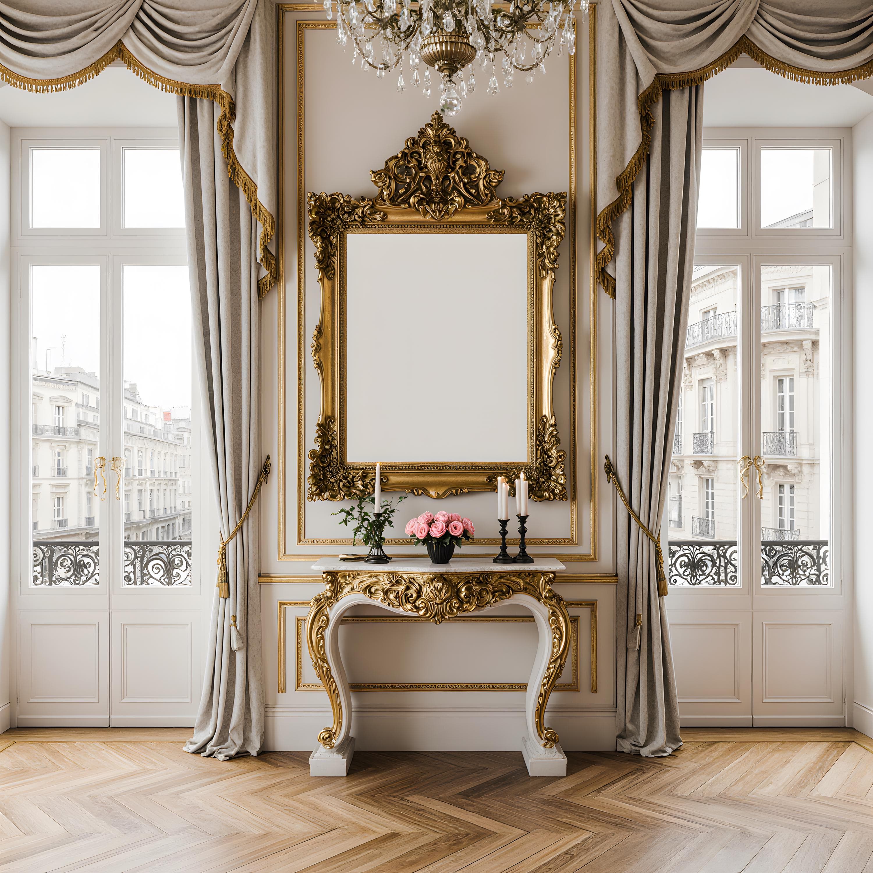 Elegant Baroque Interior Style Frame Mockup | Ornate Vintage Wall Art | Luxury Rococo Picture Frame PSD Mockup | Antique Artwork Display |