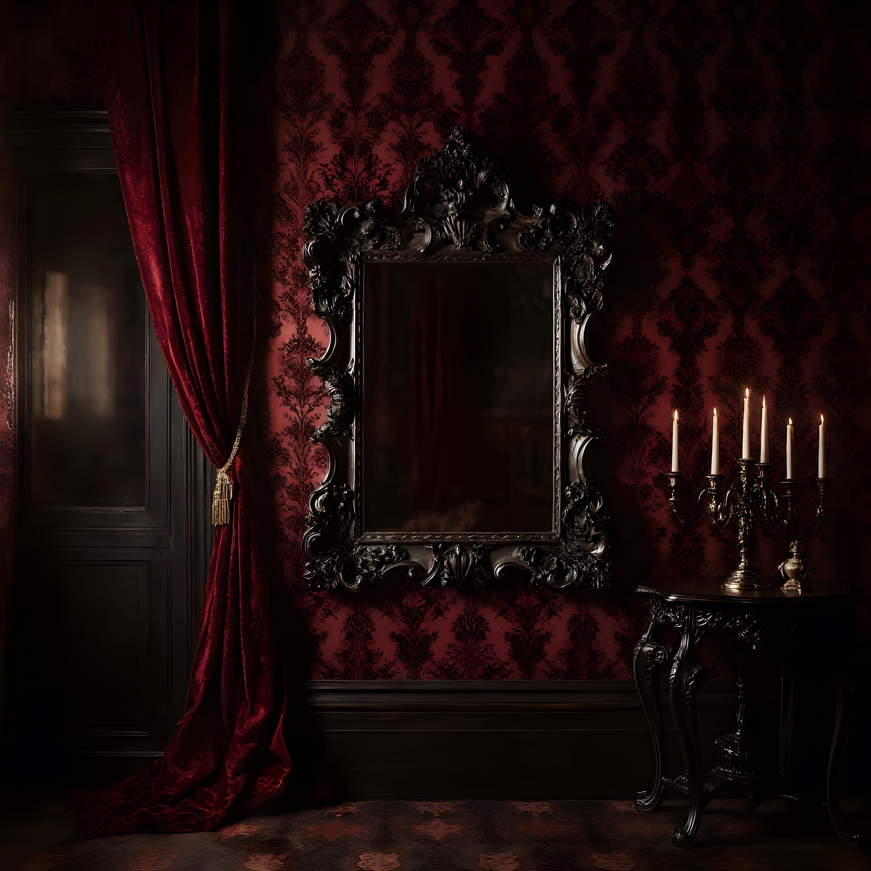 Gothic Baroque Frame Mockup Bundle | Dark Interior Scene | Damask Wall | Elegant Candlelit PSD | Vintage Art Frame | Frame Mockup PSD |