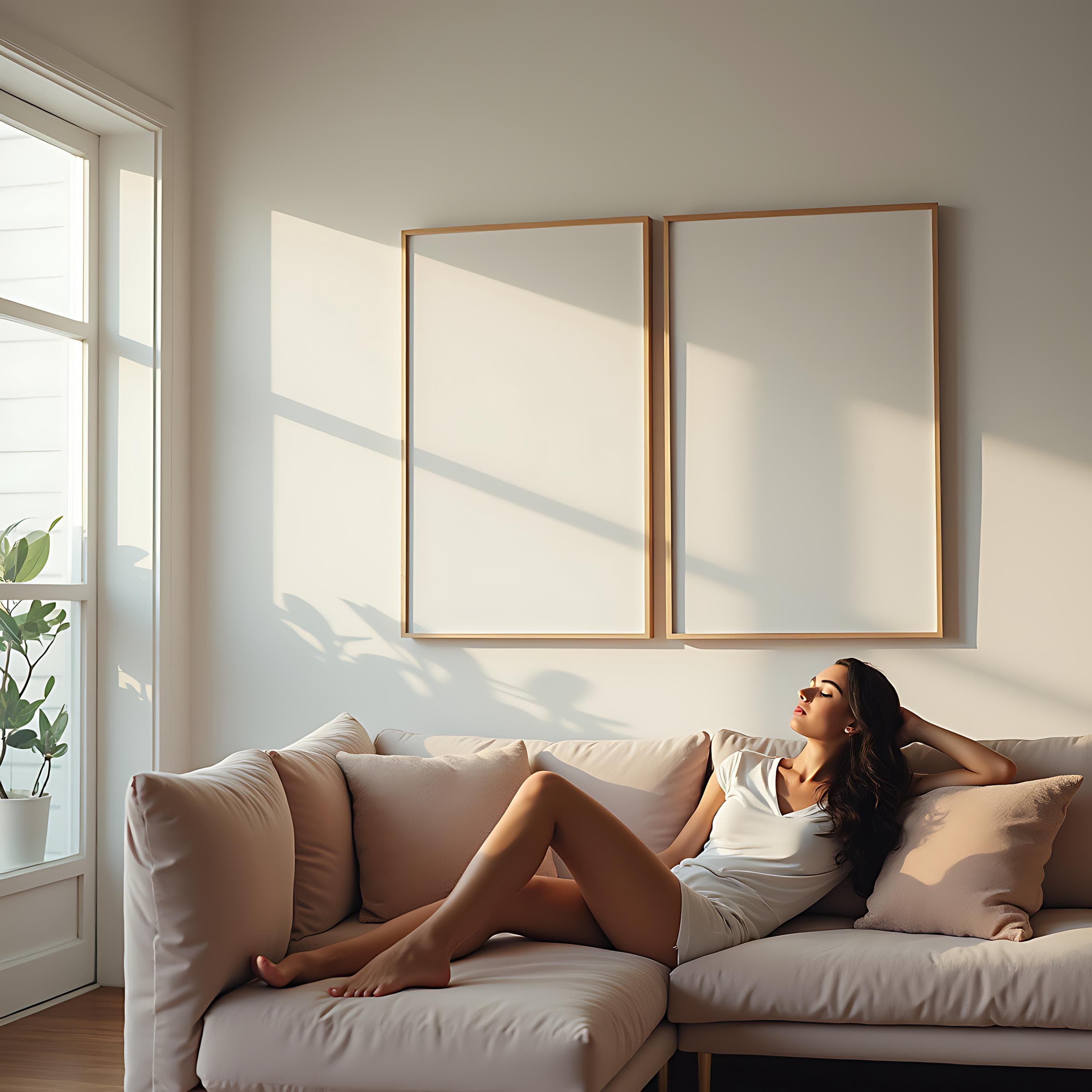 Modern Living Room Mockup with Two Frame Mockup | 2 Frames Mockup | Frame with Woman | Two Frames Mockup | Art Frame Mockup | Poster Mockup