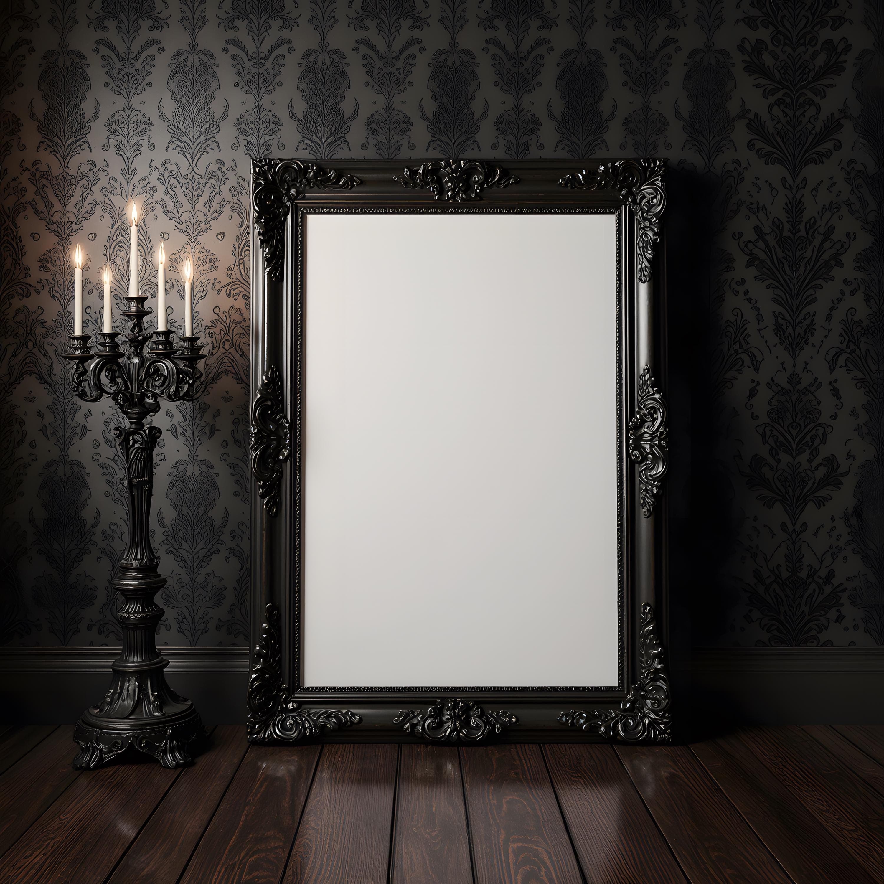 Ornate Black Wooden Frame Mockup | Gothic Leaning Wall Frame Mockup | Dark Vintage Baroque Interior Blank Wall Art Mockup | Digital Download
