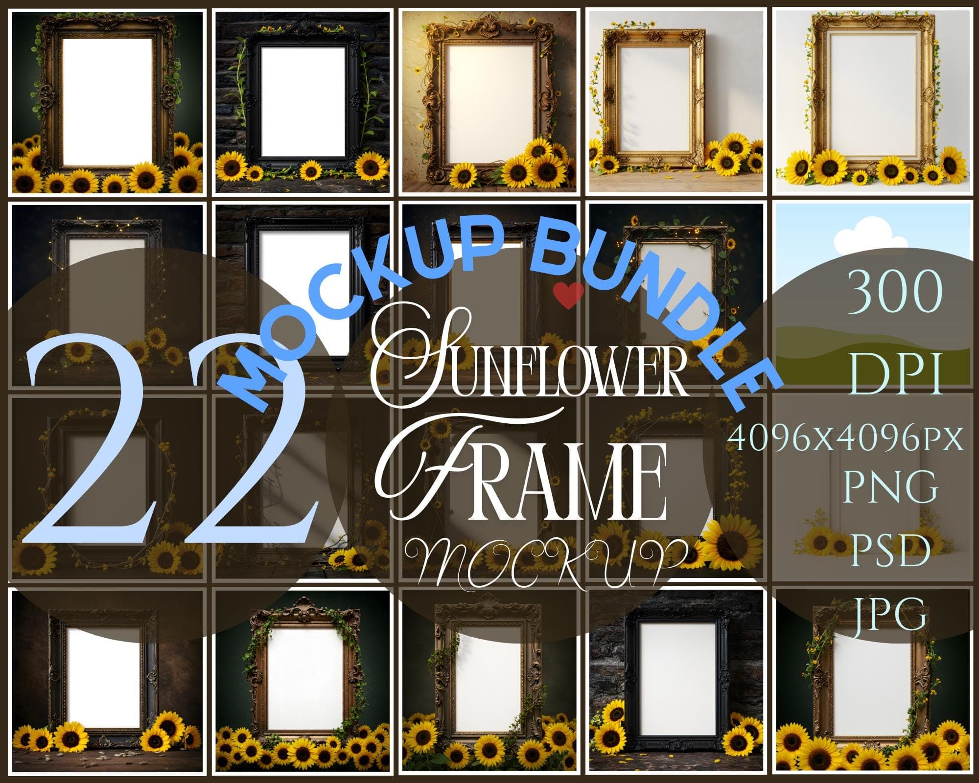 Sunflower Frame Mockup | Ornate Picture Frame | Blank Interior Wall Art Mockup | Floral Frame Mockup | Rustic Sunflower Mockup | Art Mockup