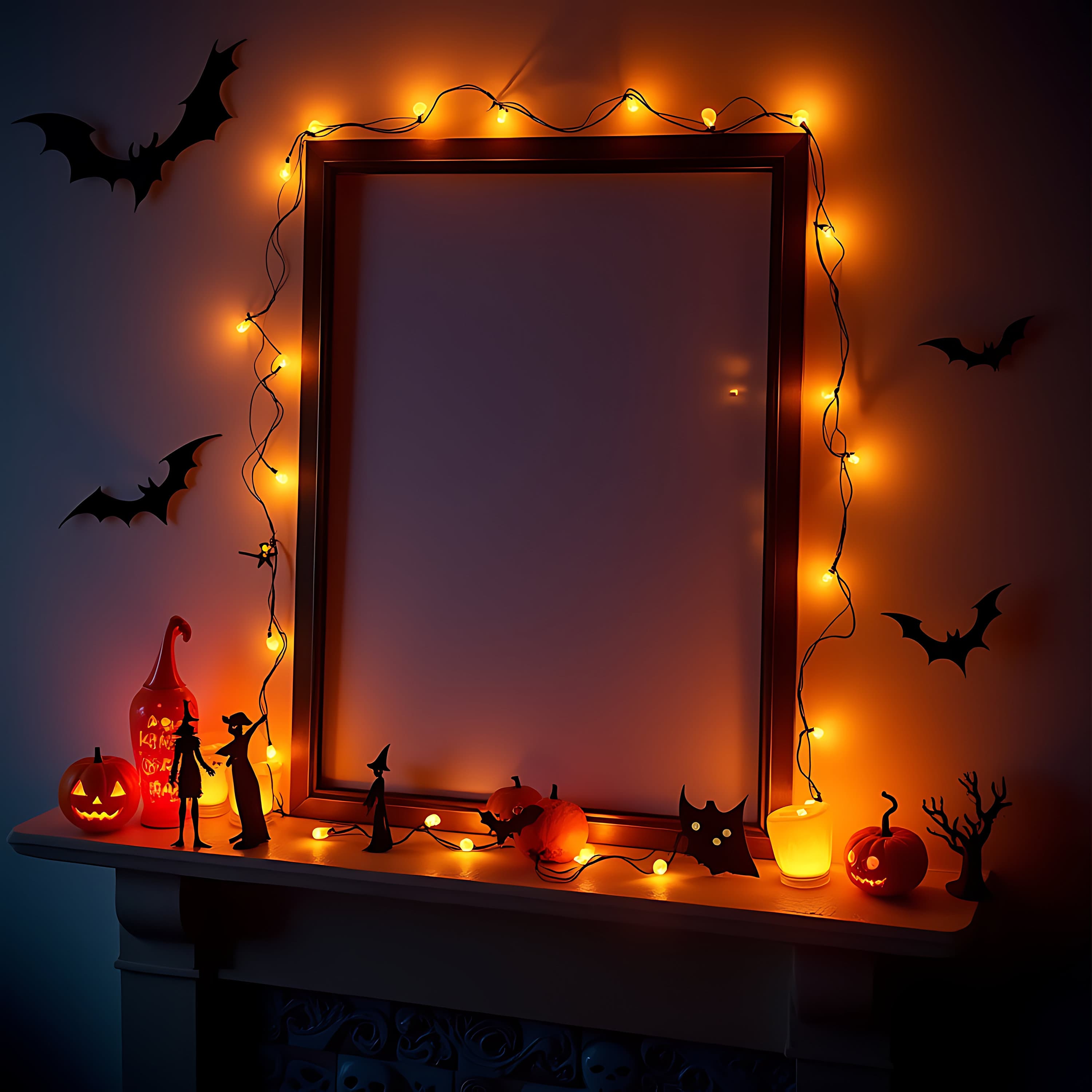 Halloween Frame with Bat Lights and Pumpkins | Halloween Frame Mockup | Single Frame Mockup | Digital Frame Mockup | Black Frame Mockup |