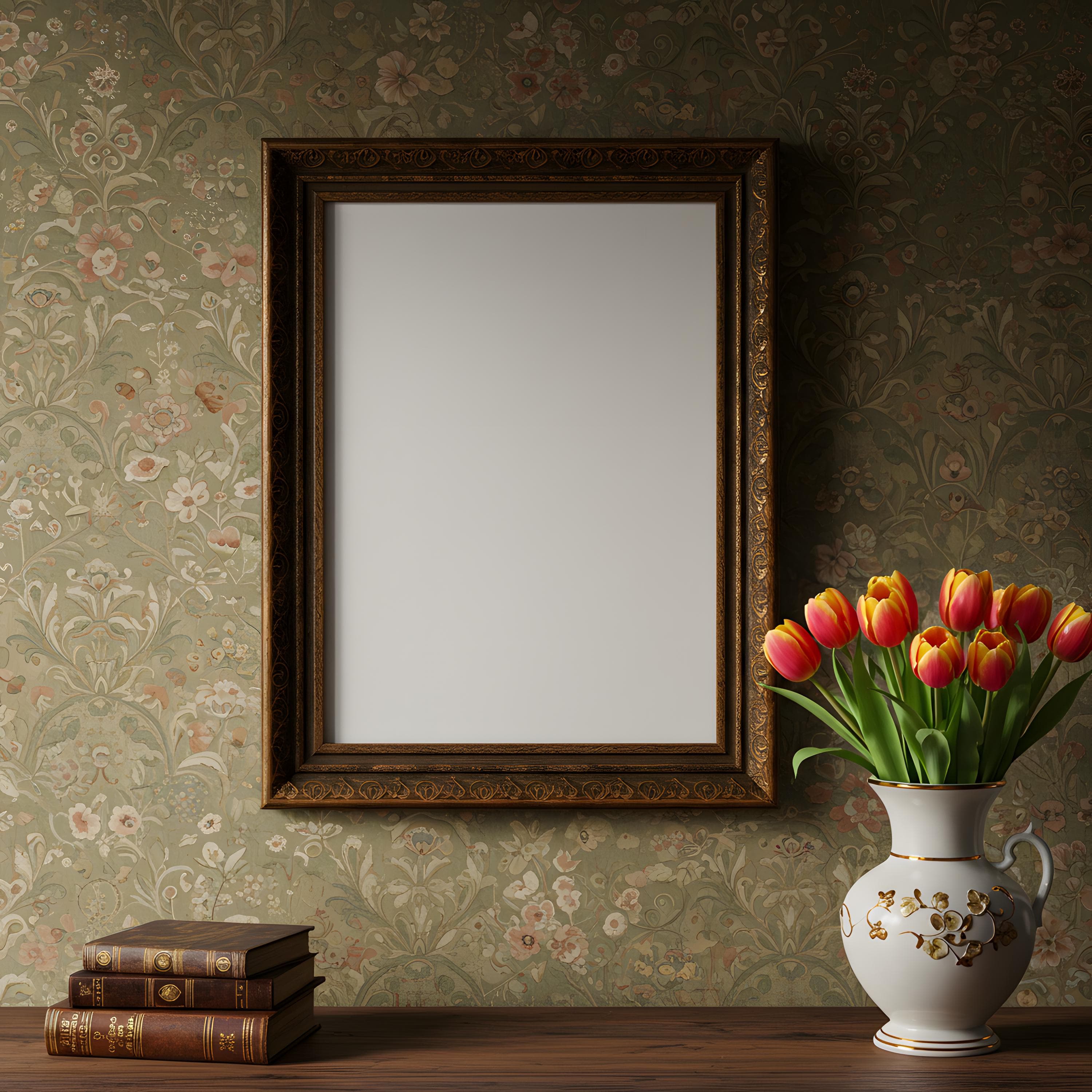 Antique Victorian Frame Mockup | Dark Gothic Wall Art PSD | Baroque Ornate Poster Mockup | Vertical Frame Scene 300 DPI