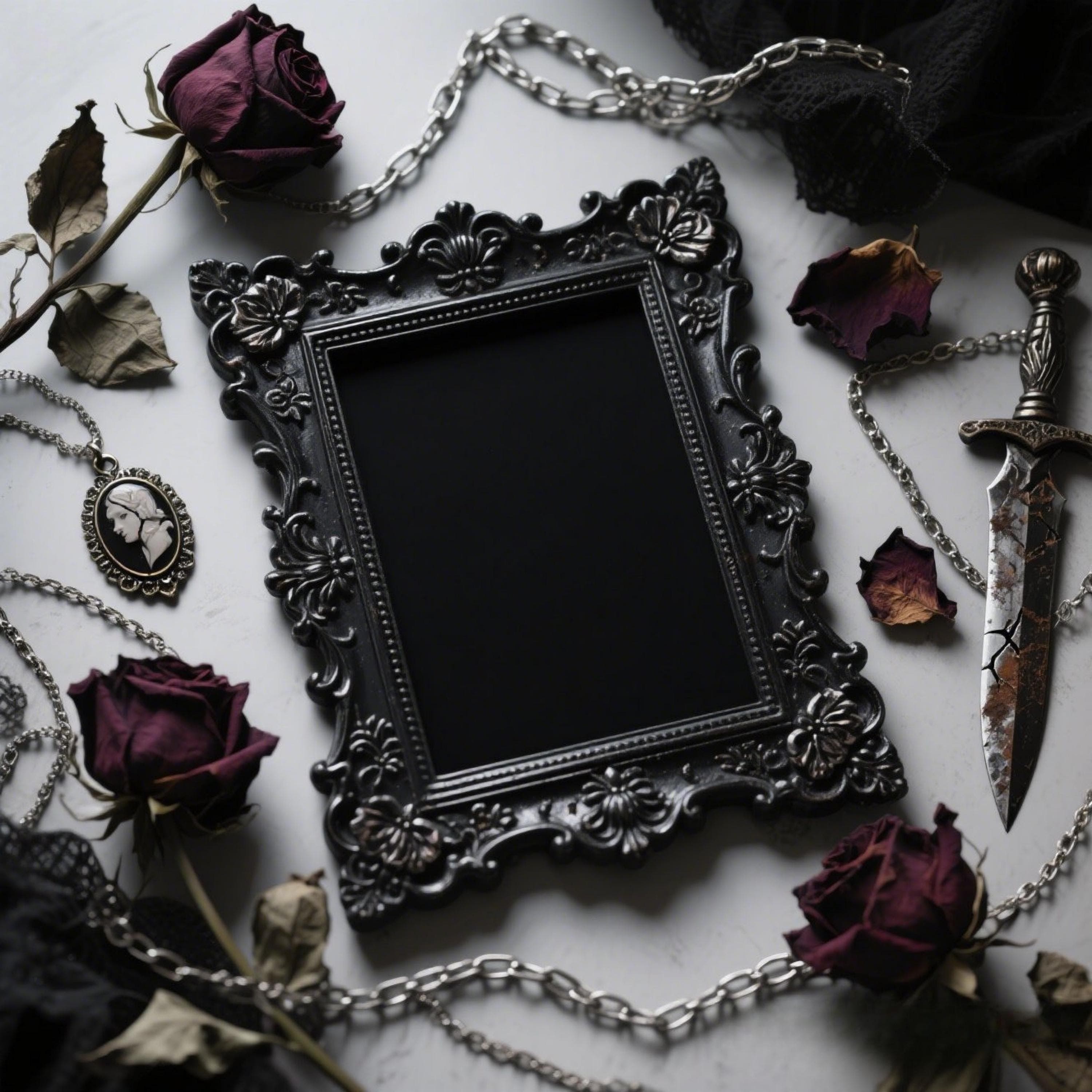Moody Flat-Lay Gothic Frame Mockup | Black Victorian Frame PSD | Dark Baroque Poster Mockup | Digital Art Display | Printable Mockup | Frame