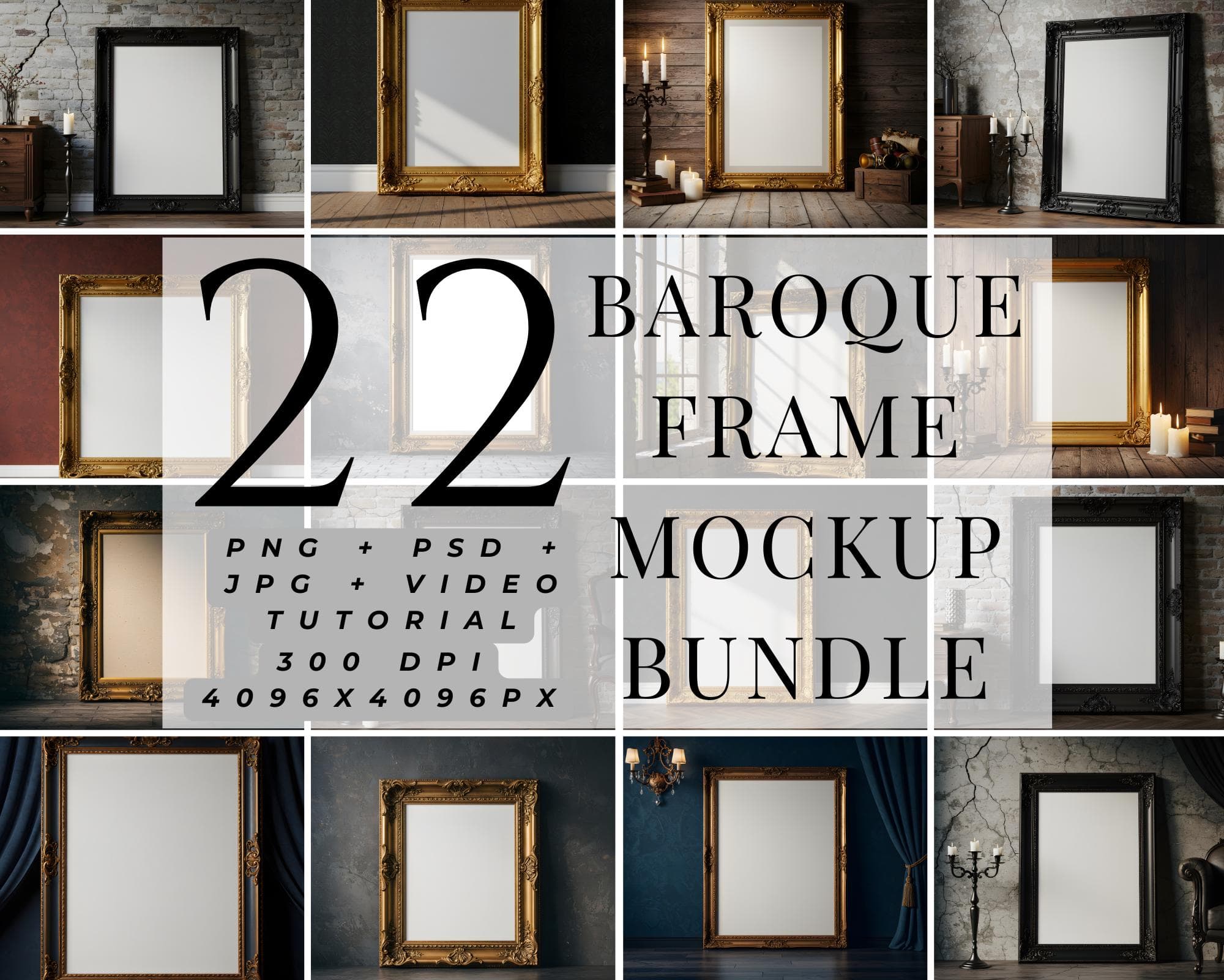 Baroque Frame Mockup Bundle | Gothic & Ornate Poster Frame PSD | Gold Picture Frame Mockup | Wall Art Display