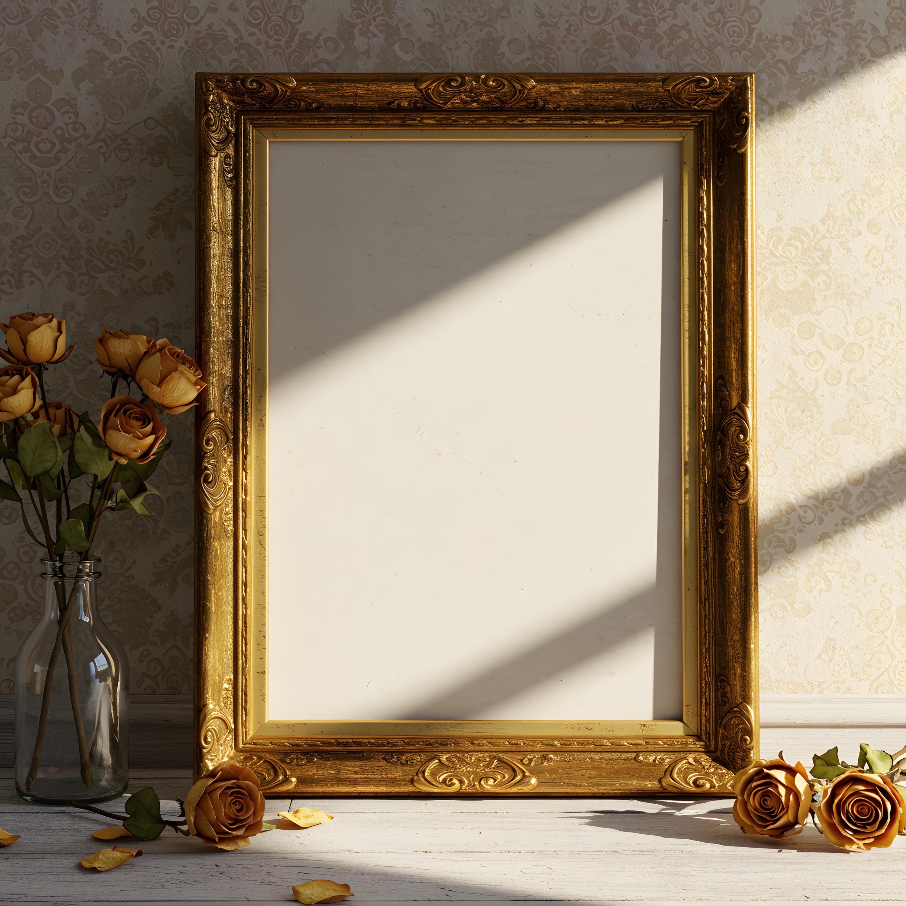 Antique Golden Ornate Picture Frame Mockup | Luxury Poster PSD | Wall Art Frame Display | Vintage Gold Frame Mockup