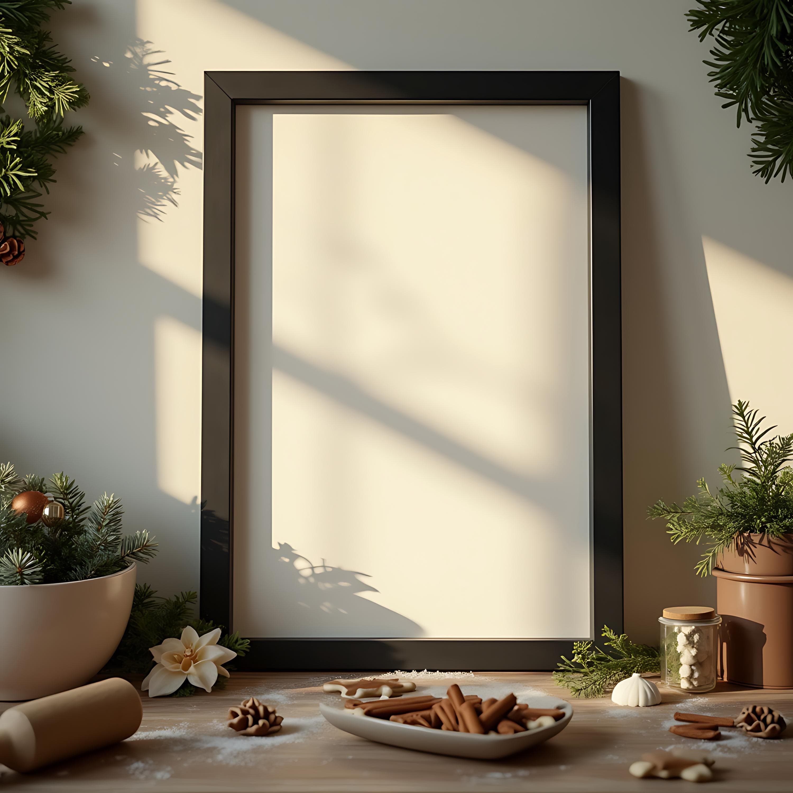 Festive Kitchen Christmas Holiday Frame Mockup | Thin Frame Mockup | Smart Object Frame | Festive Mockup | Christmas Mockup | PSD Mockup |