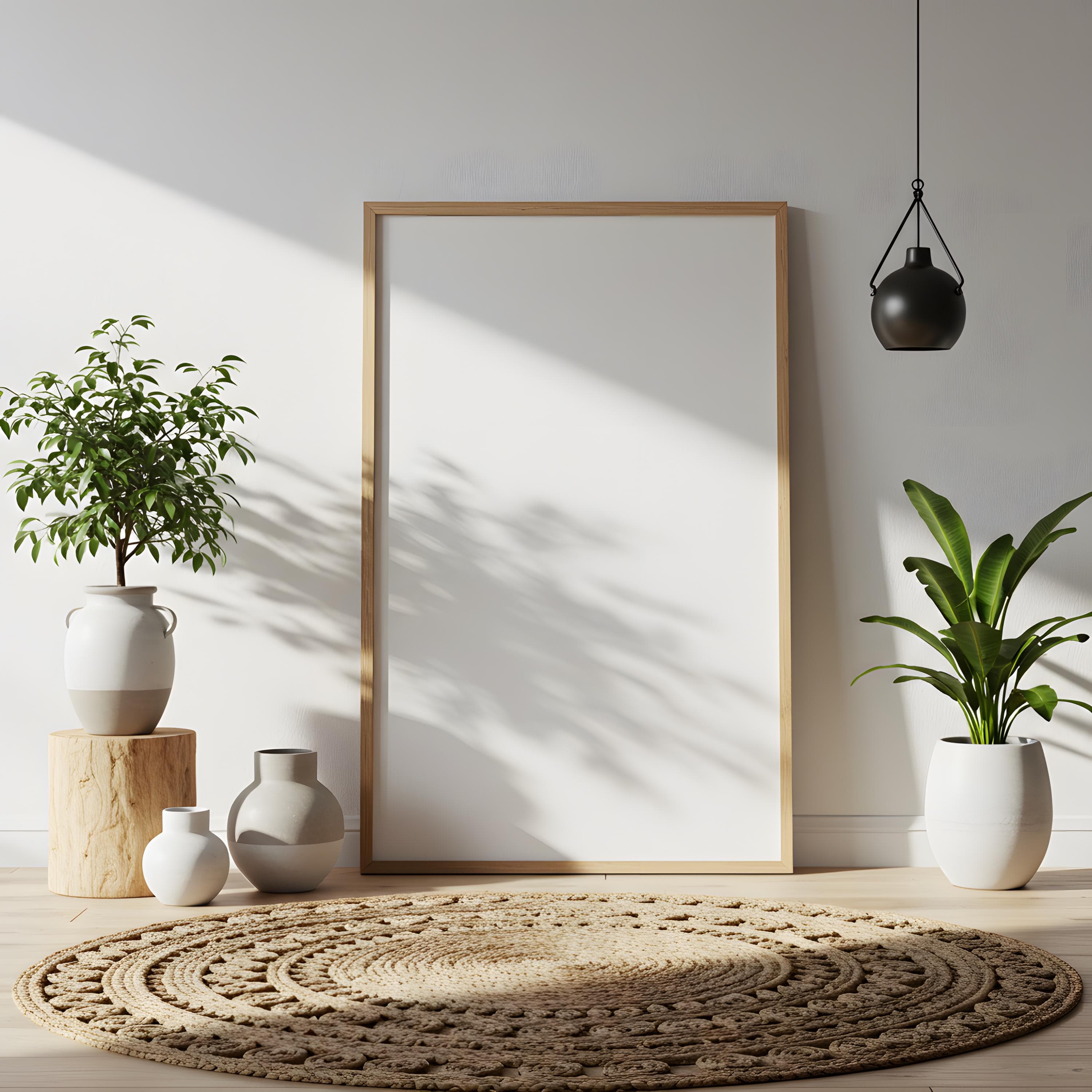 White Wall Wooden Frame Mockup | Rustic Oak Boho Poster Mockup | Minimal Scandinavian Wall Art Display | Digital Frame Mockup | Boho Mockup