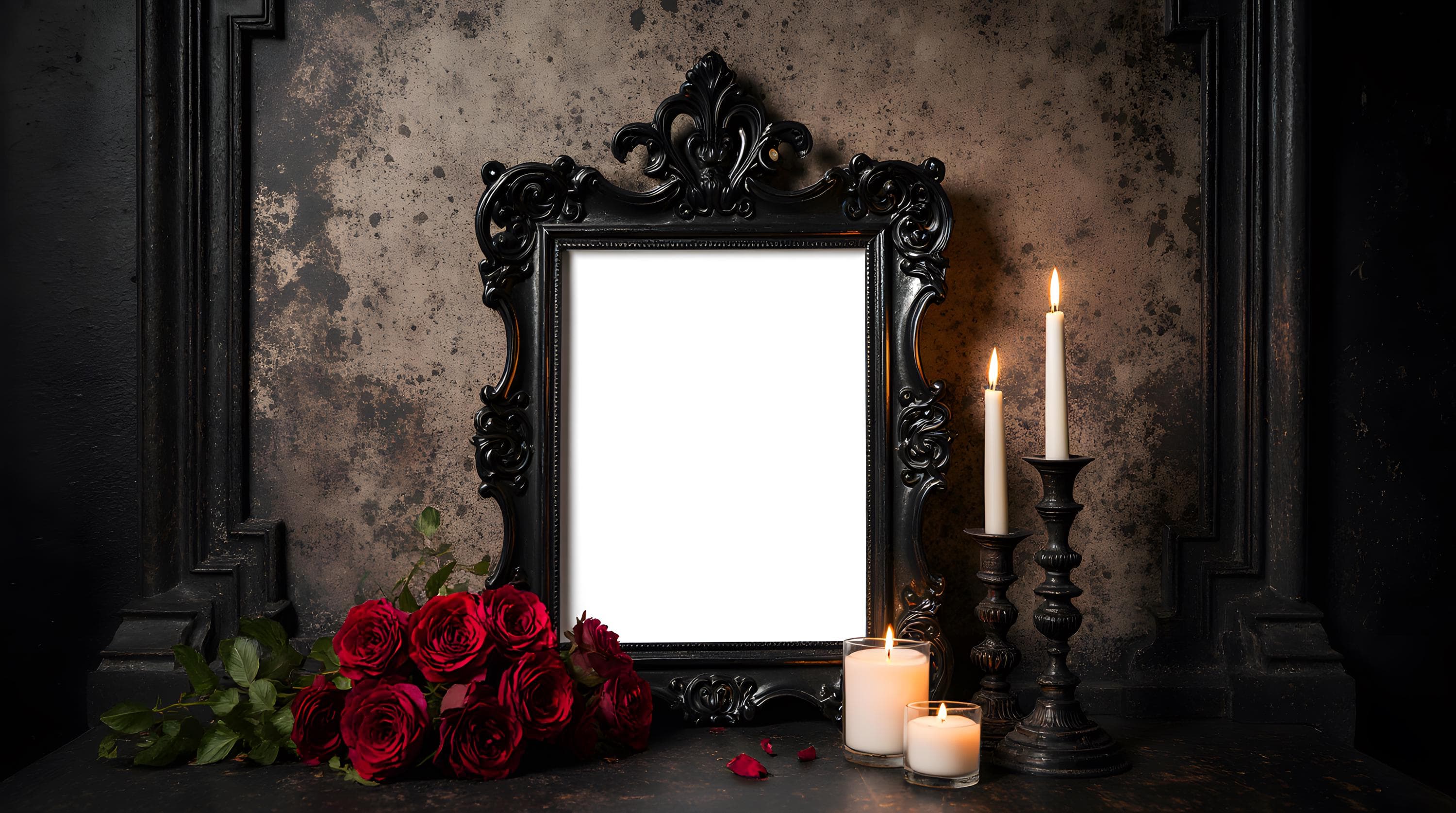 Black Ornate Baroque Frame Mockup | Gothic Candlelit Art Display | Dark Roses & Grunge Wall | Landscape Mockup PSD | Digital Download | PSD