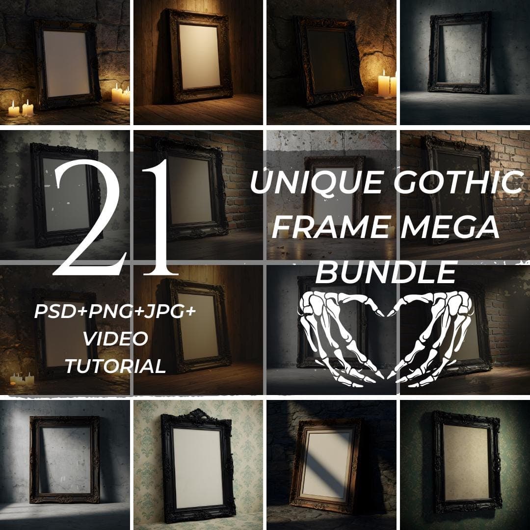 21 pieces of Photorealistic Gothic Dark Frame Mockup Bundle | Ornate Antique Baroque Frame Mockup | Poster Mockup | Frame Mockup Bundle |