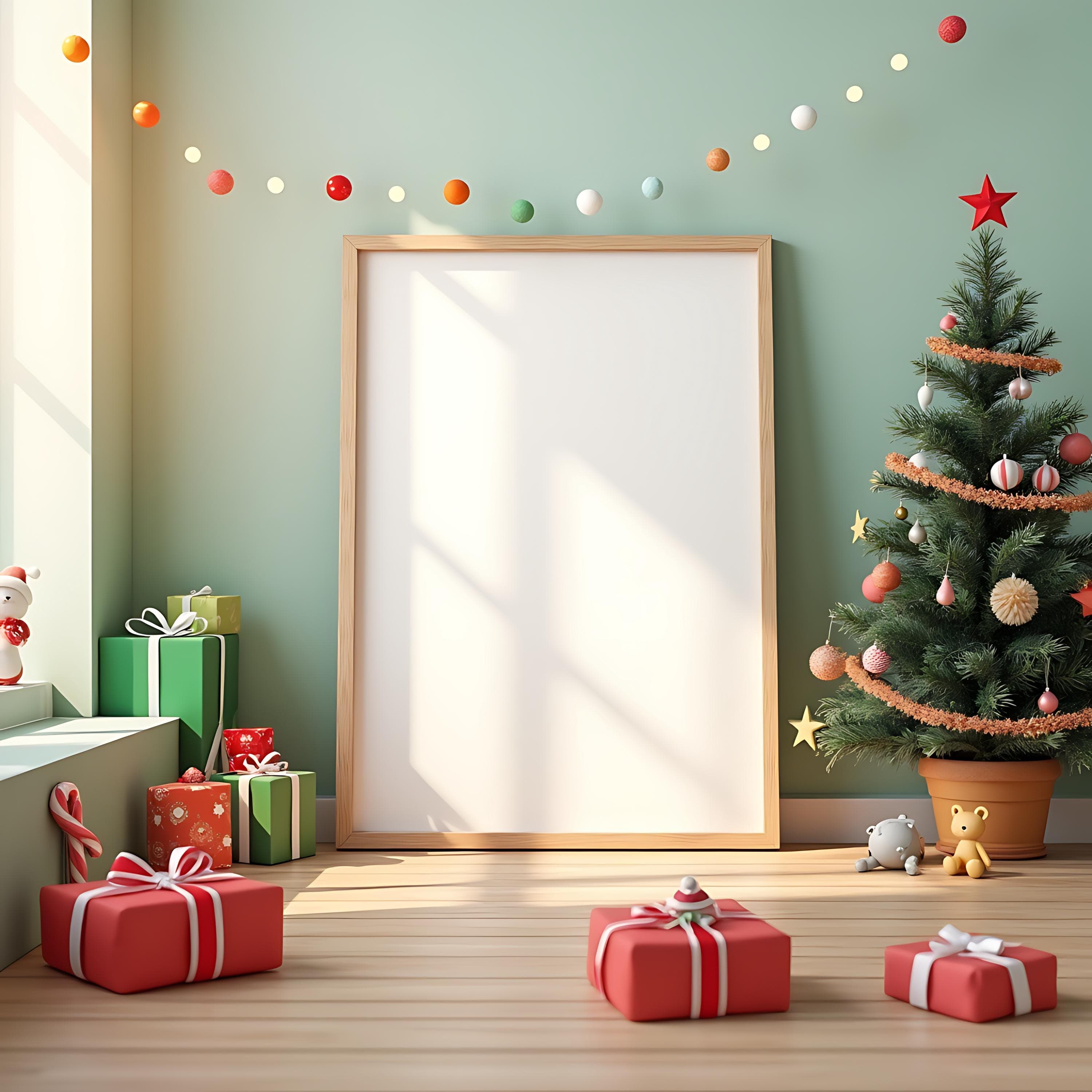 Christmas Frame Mockup | Festive Holiday Frame PSD | Realistic Print Art Mockup | Luxury Photoshop Frame | Seasonal Wall Art Display