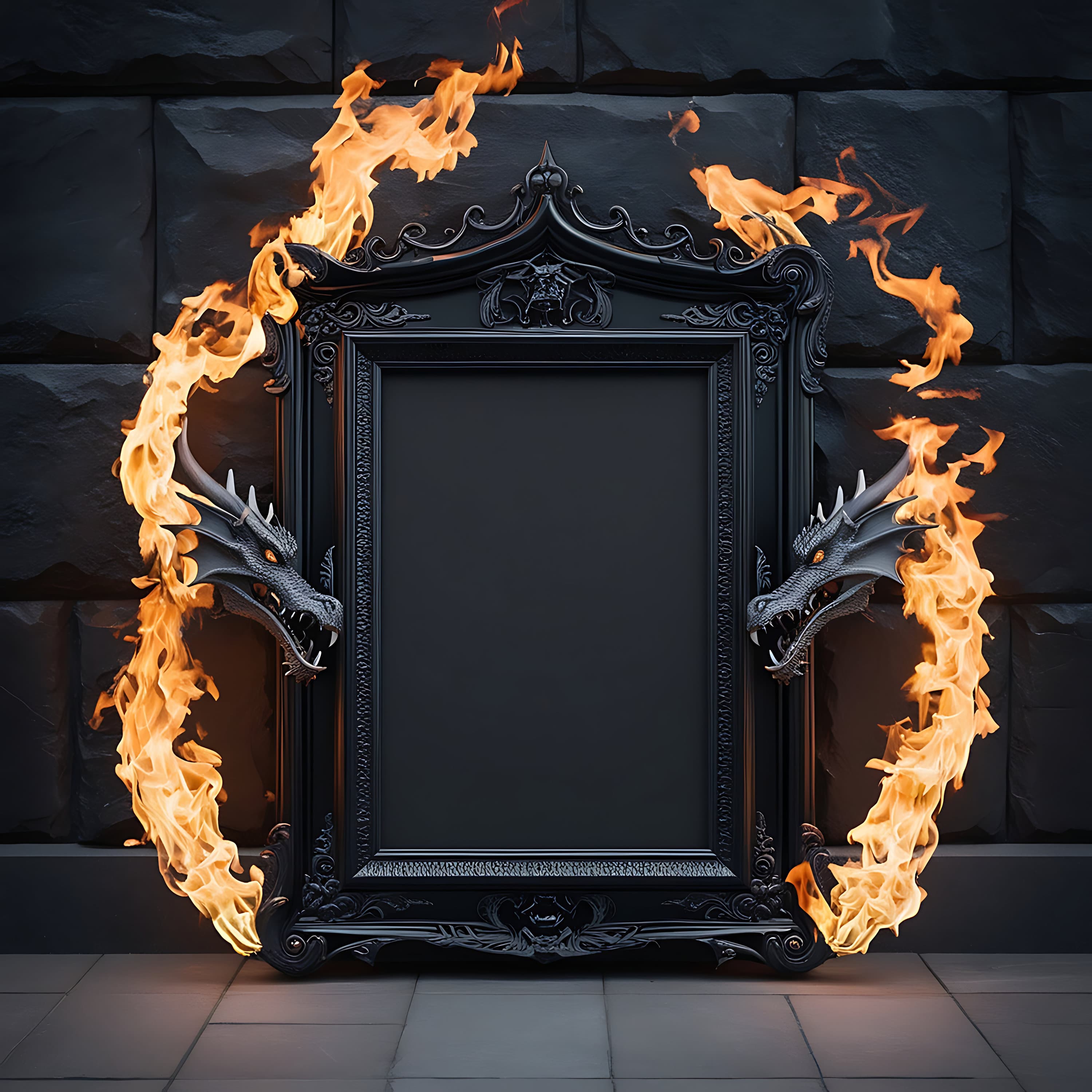 Ornate Gothic Frame Mockup Illuminated by Dragon Fire | Gothic Frame Mockup | Gothic Frame | Dark Mockup | Black Frame Mockup Poster Mockup
