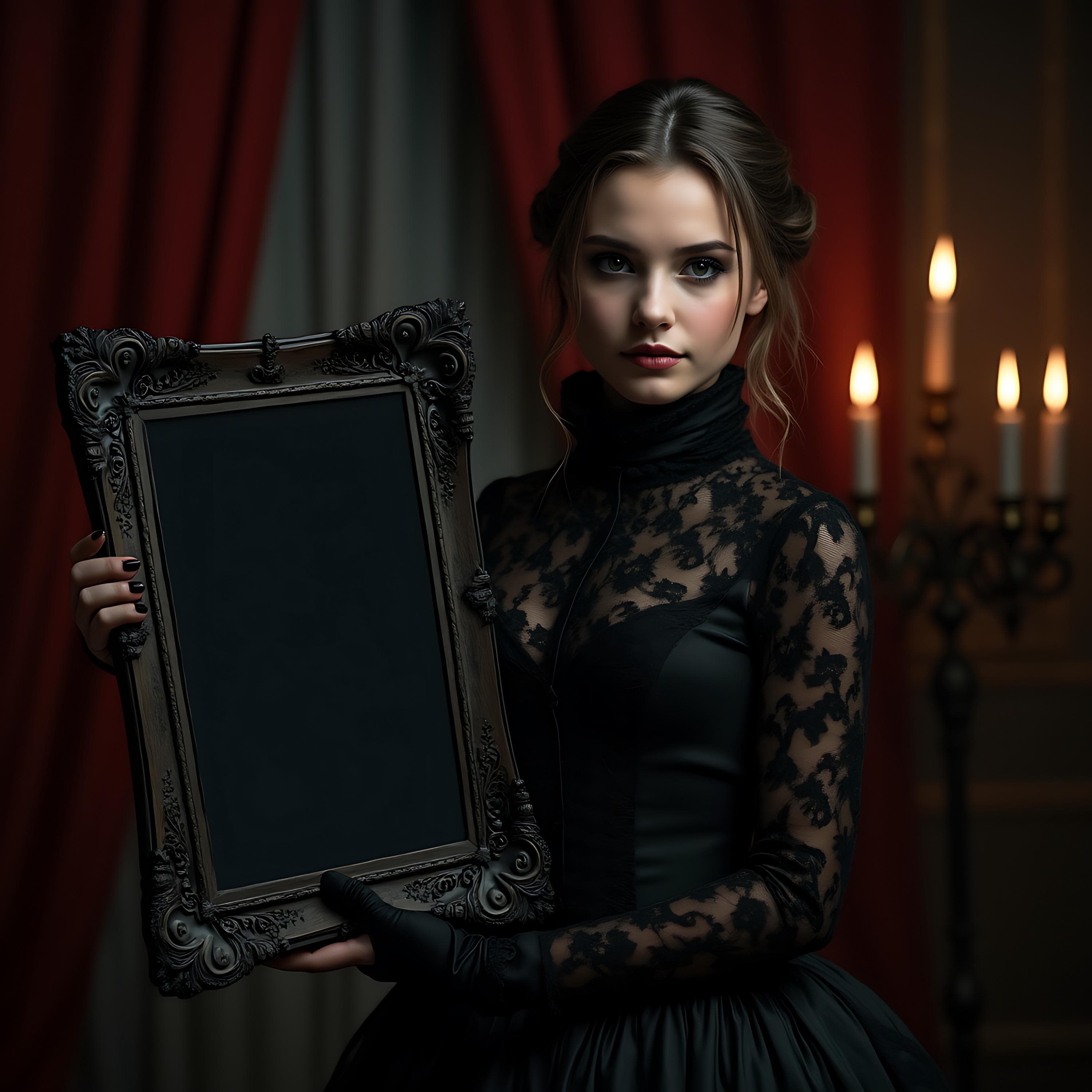Woman Holding Dark Gothic Frame | PSD Frame Mockup | Poster Frame Mockup | PSD Mockup | Gothic Frame | Woman Frame Mockup | Smart Object |