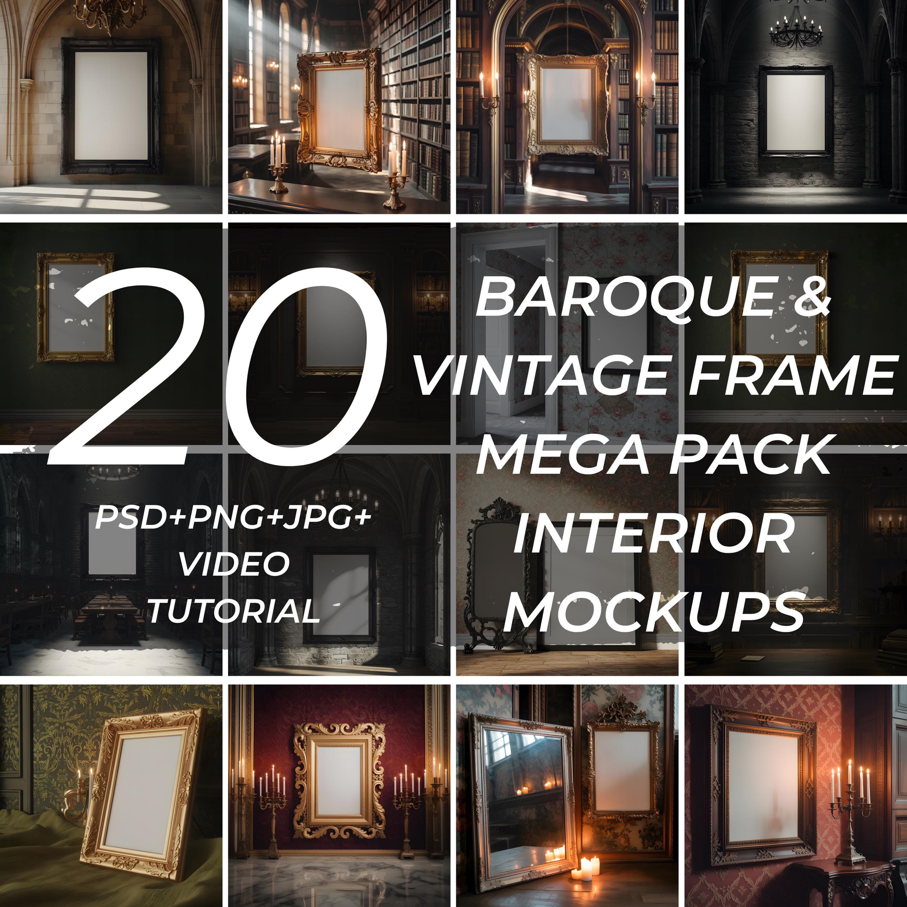 20 Baroque & Vintage Frame Mockup Bundle | Interior Wall Art Mockups | Antique PSD Mockup Set | Ornate Dark Frame Mockups | Mockup Pack |