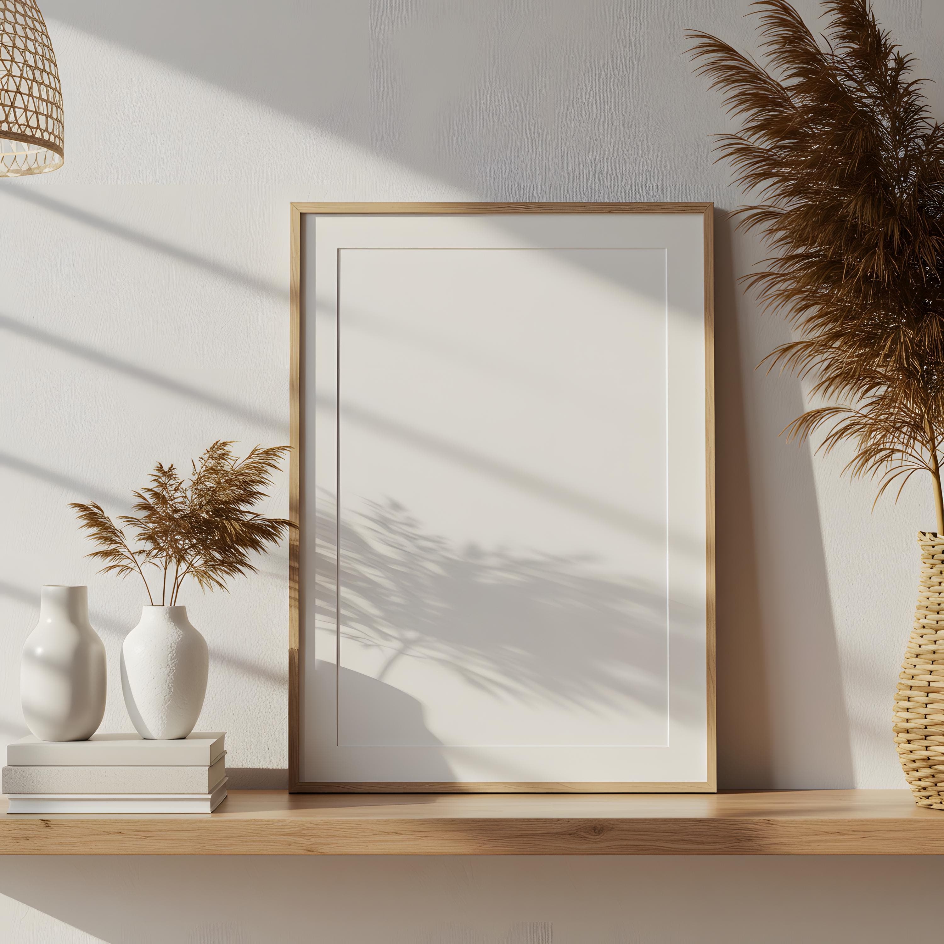 Boho Frame Mockup | 8x10 Wooden Poster Frame PSD | Vertical Wall Art Display | Minimalist Boho Frame Template