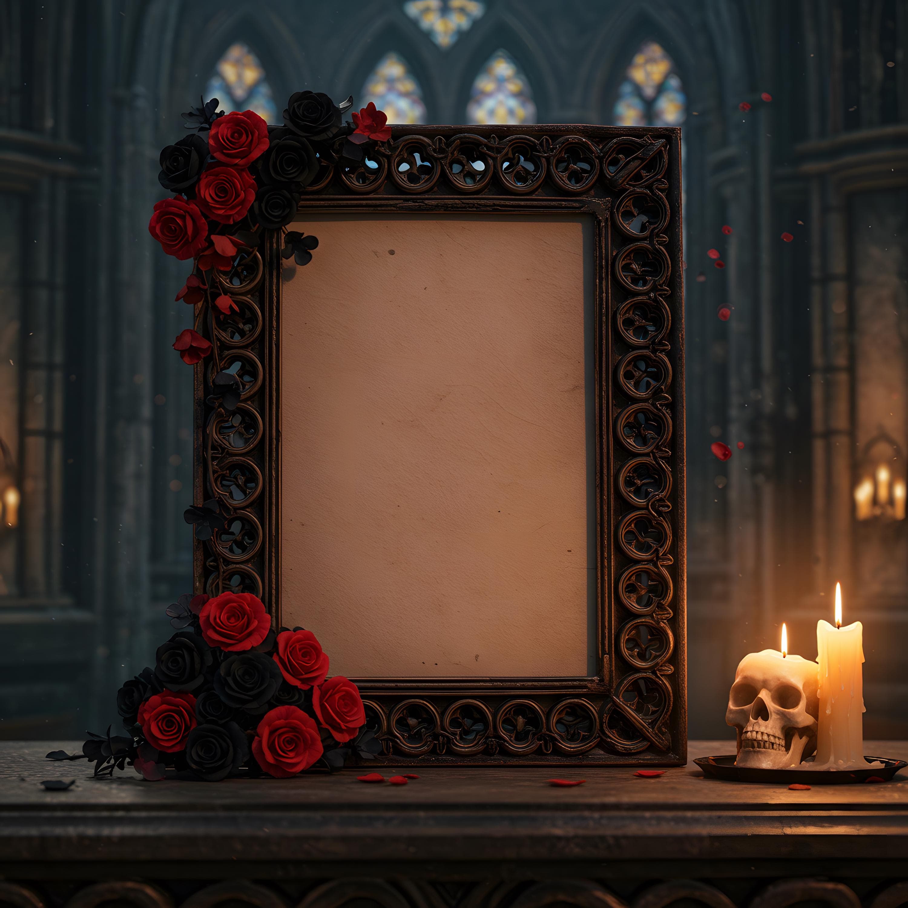 Romantic Gothic Valentine Frame Mockup | Dark Ornate Baroque Picture Frame | Vintage Gothic Wall Art Mockup | Black Ornate Frame Mockup |