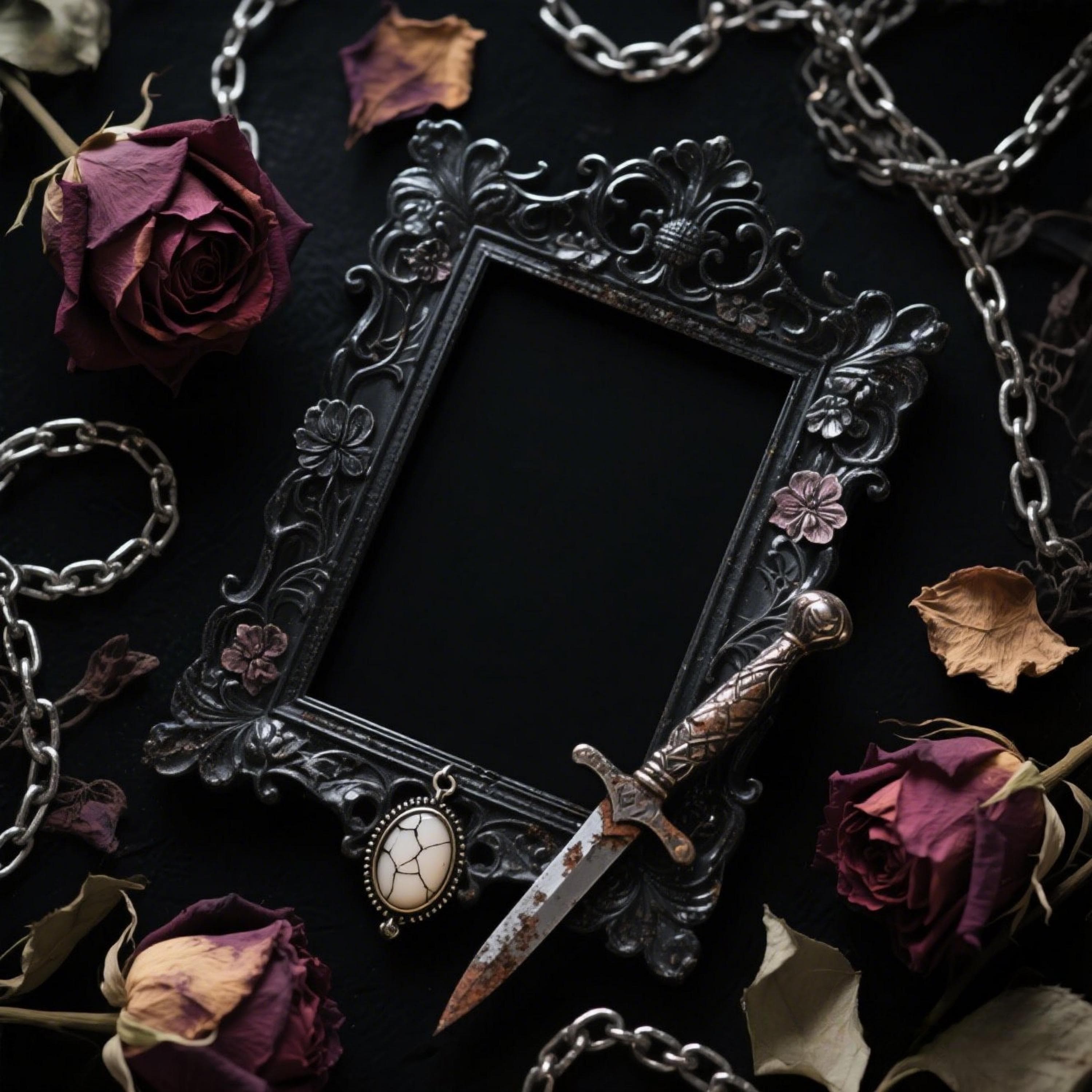 Moody Flat-Lay Gothic Frame Mockup | Black Victorian Frame PSD | Dark Baroque Poster Mockup | Digital Art Display | Printable Mockup | Frame