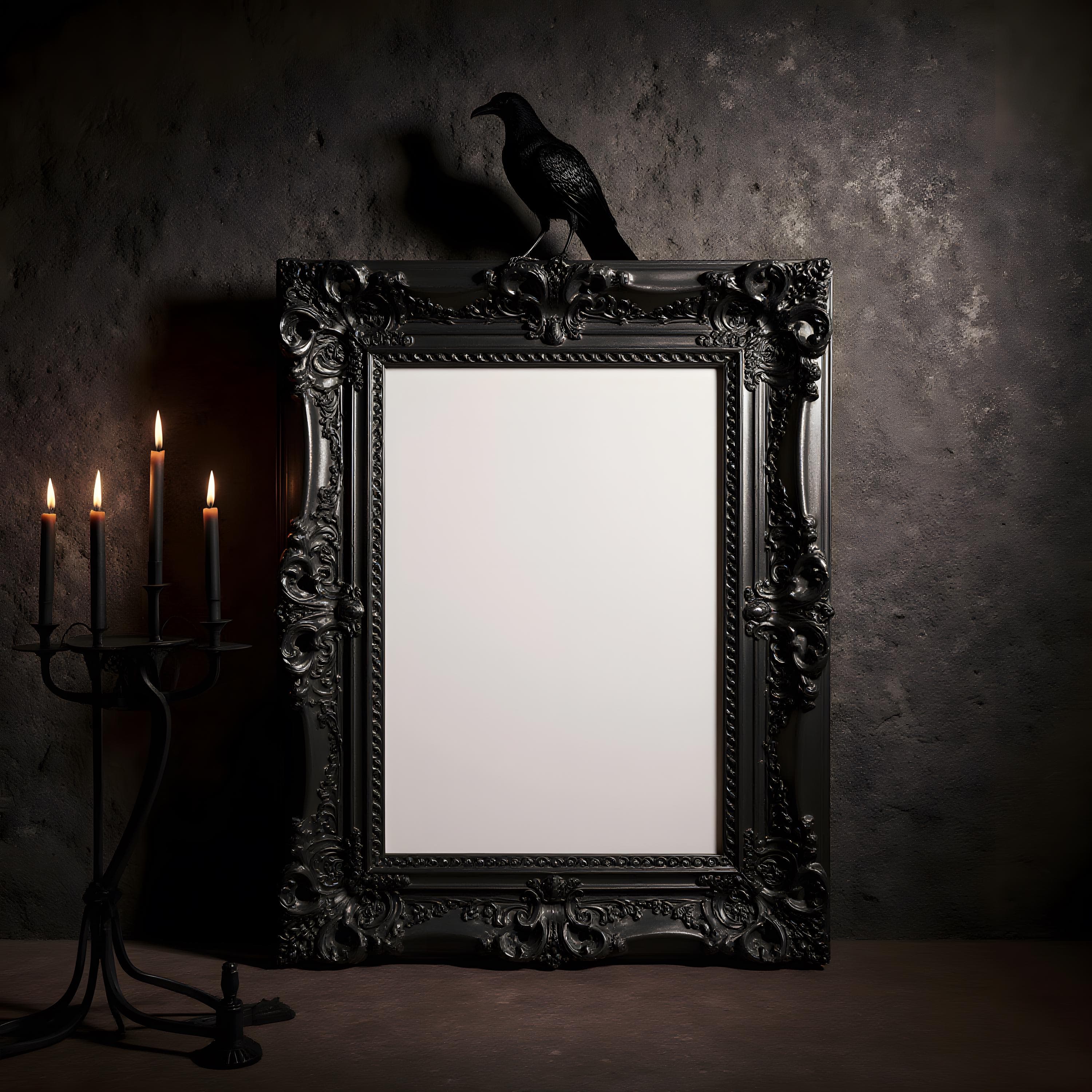8x10 Black Baroque Frame Mockup | Gothic Wall Art PSD | Vintage Picture Frame | Dark Academia Art Mockup